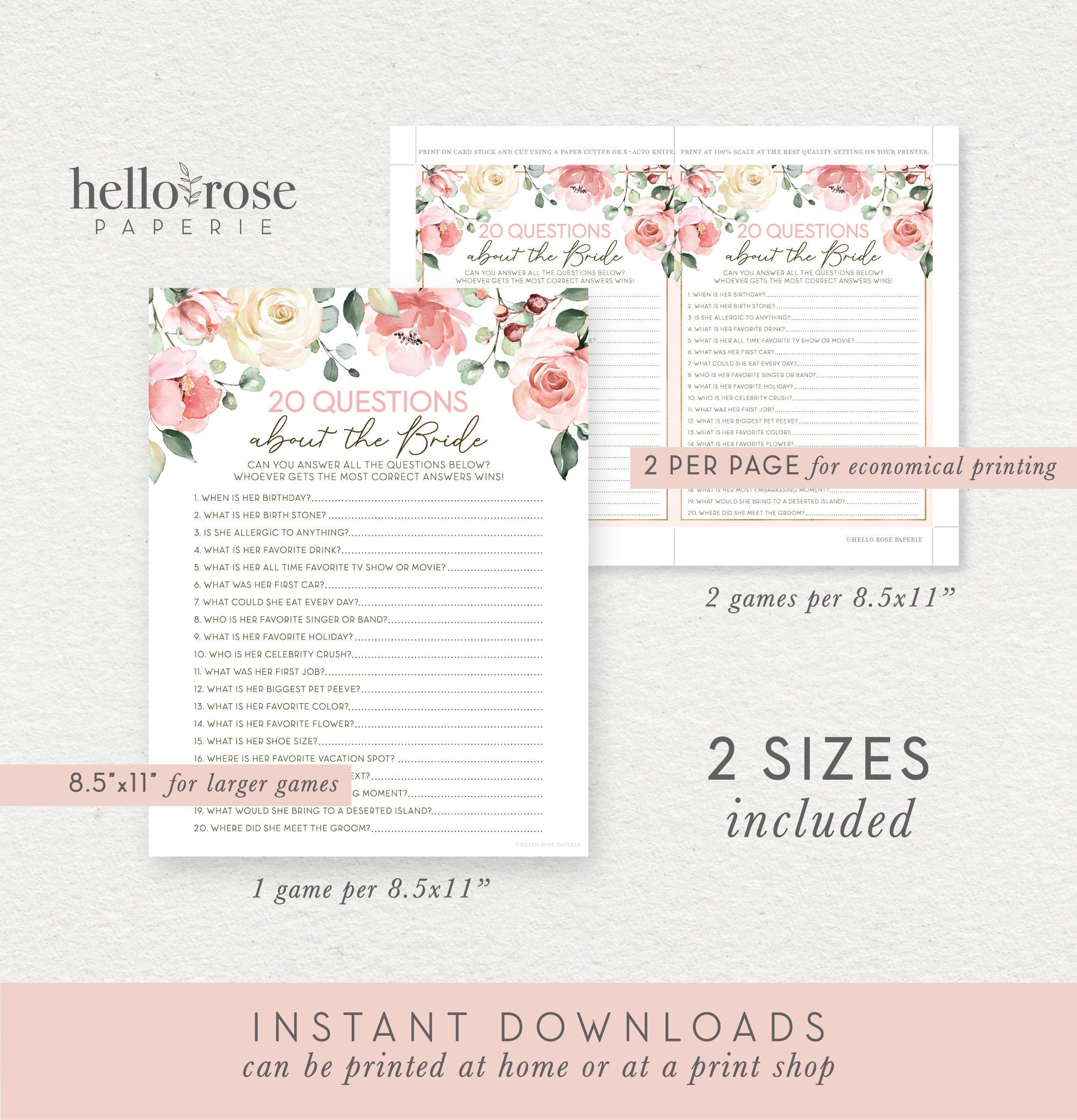 20 Questions About the Bride Printable . Bridal Shower Bachelorette Party Game . Rustic Pink Roses Greenery Eucalyptus . Instant Download