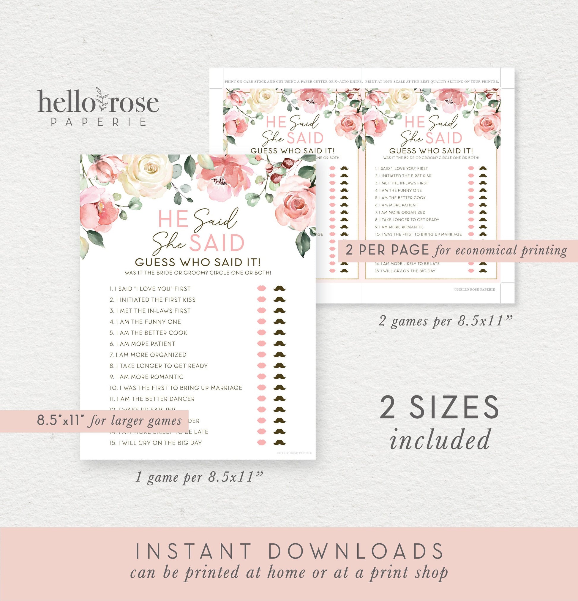 He Said She Said Floral Bridal Shower Game . Printable Icebreaker . Hen Bachelorette Party . Rustic Pink Roses Eucalyptus . Instant Download