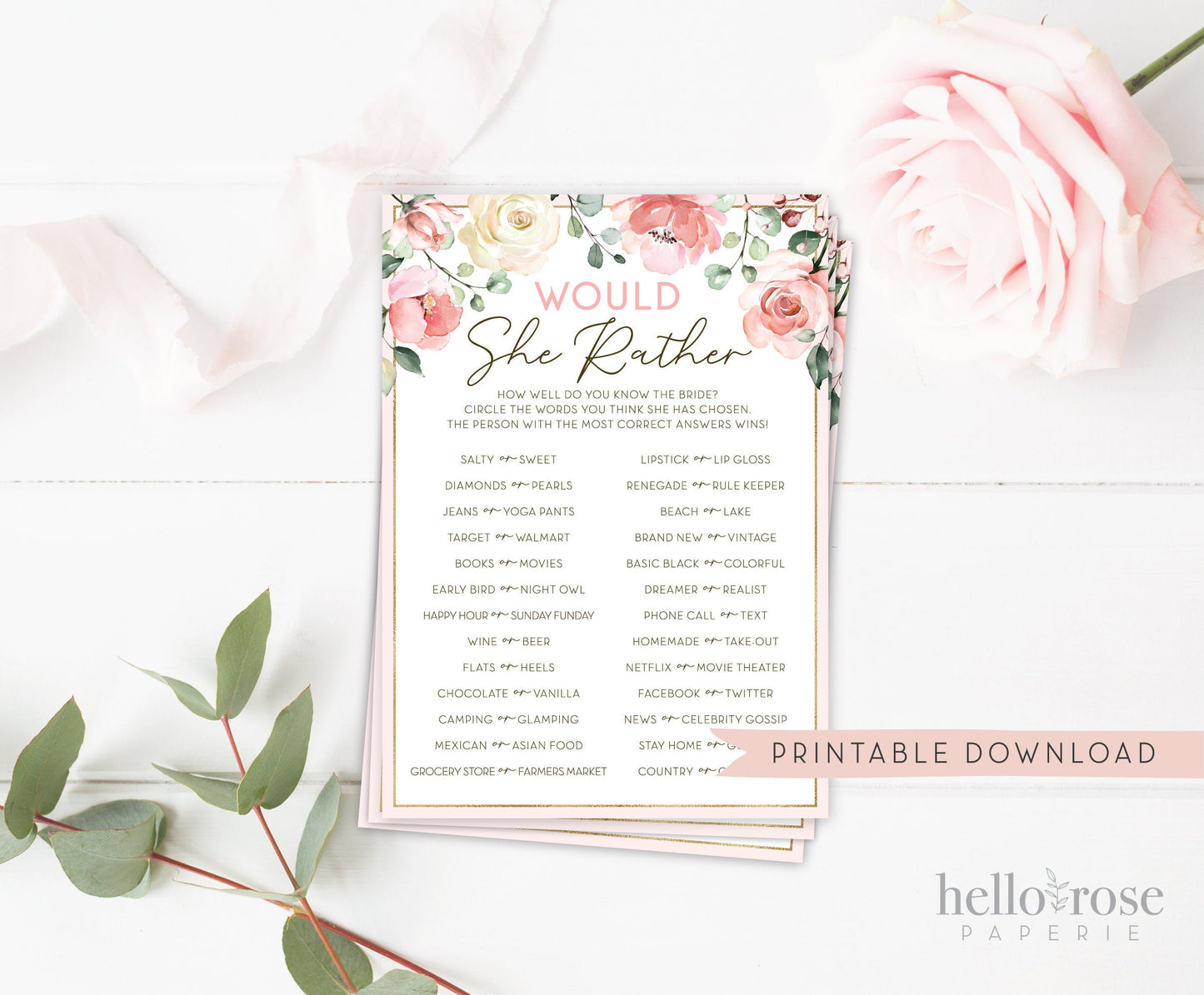 Would She Rather Printable Bridal Shower Game . Bachelorette Hens Party . Blush Pink Roses Greenery Eucalyptus . Instant Download
