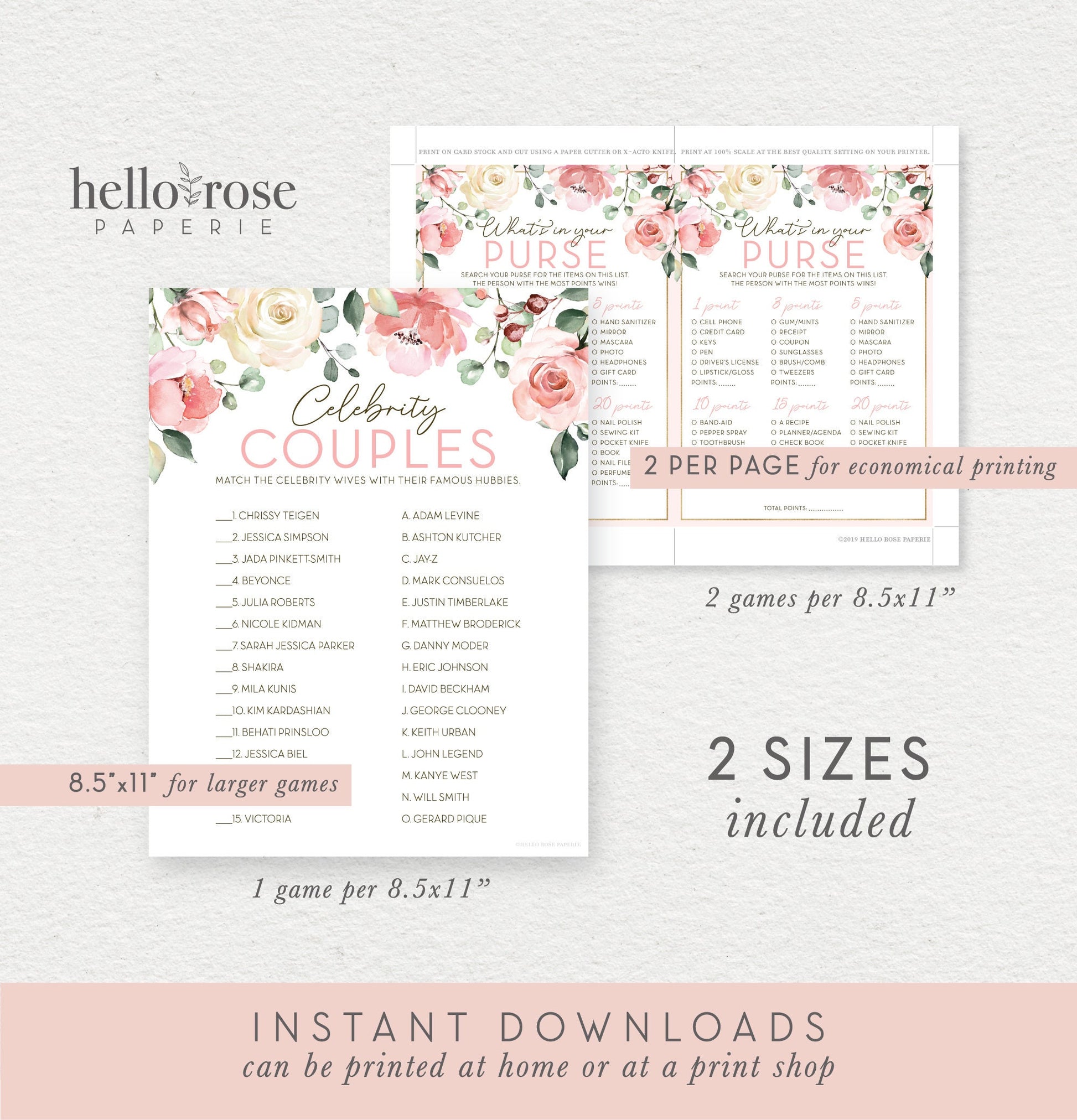 Celebrity Couples Quiz Floral Bridal Shower Printable Game . Bachelorette Hens Party Blush Pink Rose Eucalyptus Greenery . Instant Download