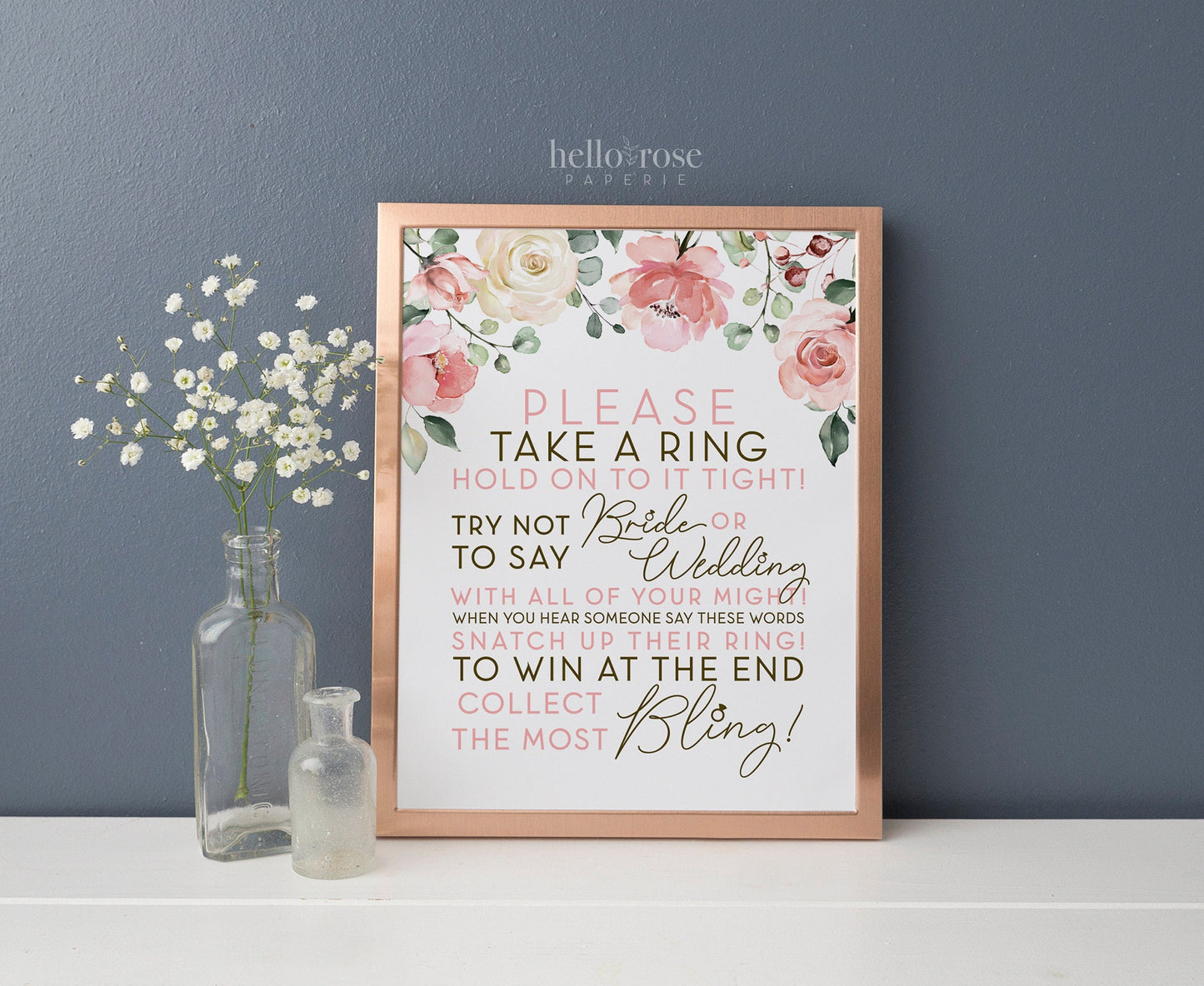 Don't Say Bride or Wedding Ring Game Printable 8x10 . Floral Roses Watercolor . Bridal Shower Wedding Bachelorette Hens Party . Download