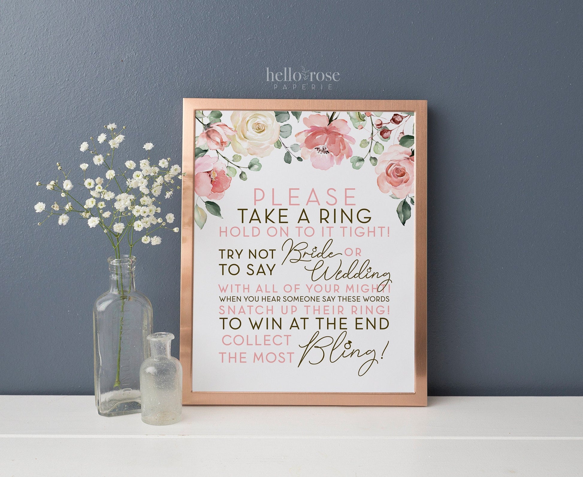 Don't Say Bride or Wedding Ring Game Printable 8x10 . Floral Roses Watercolor . Bridal Shower Wedding Bachelorette Hens Party . Download
