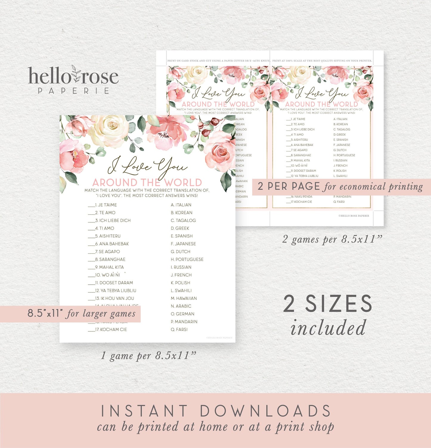 I Love You Around the World Bridal Shower Printable Game . Bachelorette Hen Party . Floral Pink Roses Greenery Eucalyptus . Instant Download