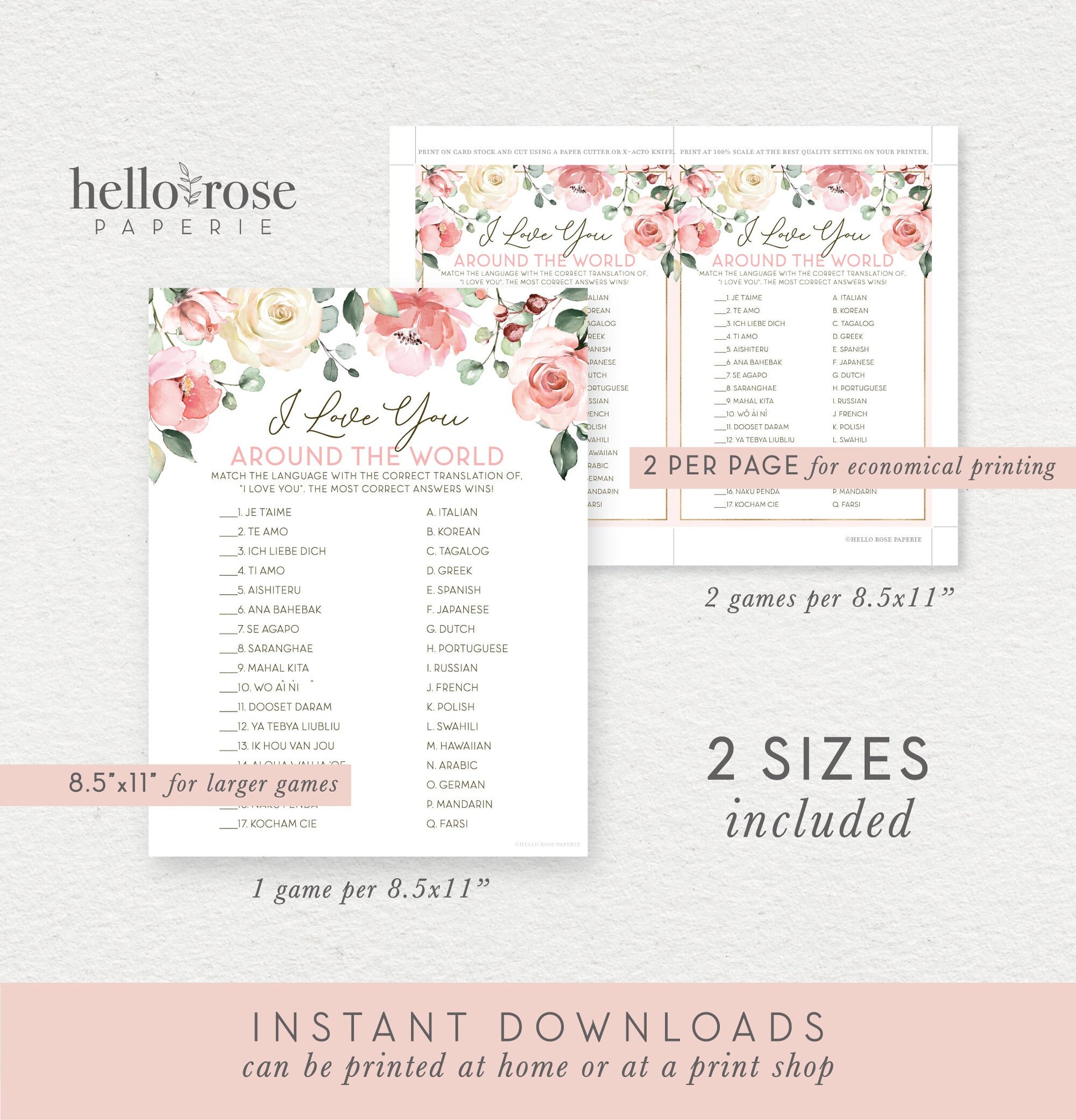 I Love You Around the World Bridal Shower Printable Game . Bachelorette Hen Party . Floral Pink Roses Greenery Eucalyptus . Instant Download
