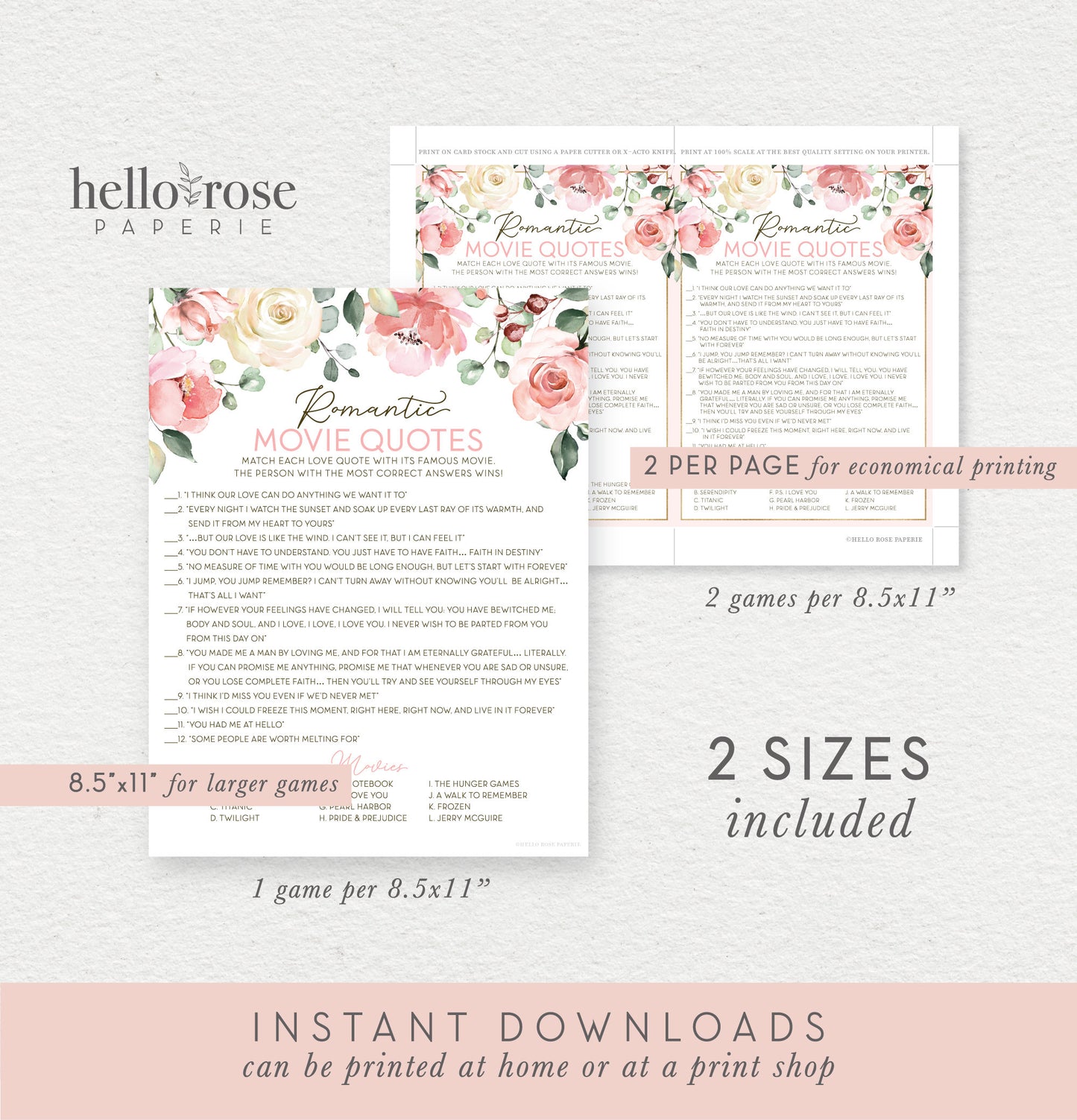 Romantic Movie Quotes . Floral Bridal Shower Game . Printable Icebreaker . Hen Bachelorette Party . Pink Rose Eucalyptus . Instant Download