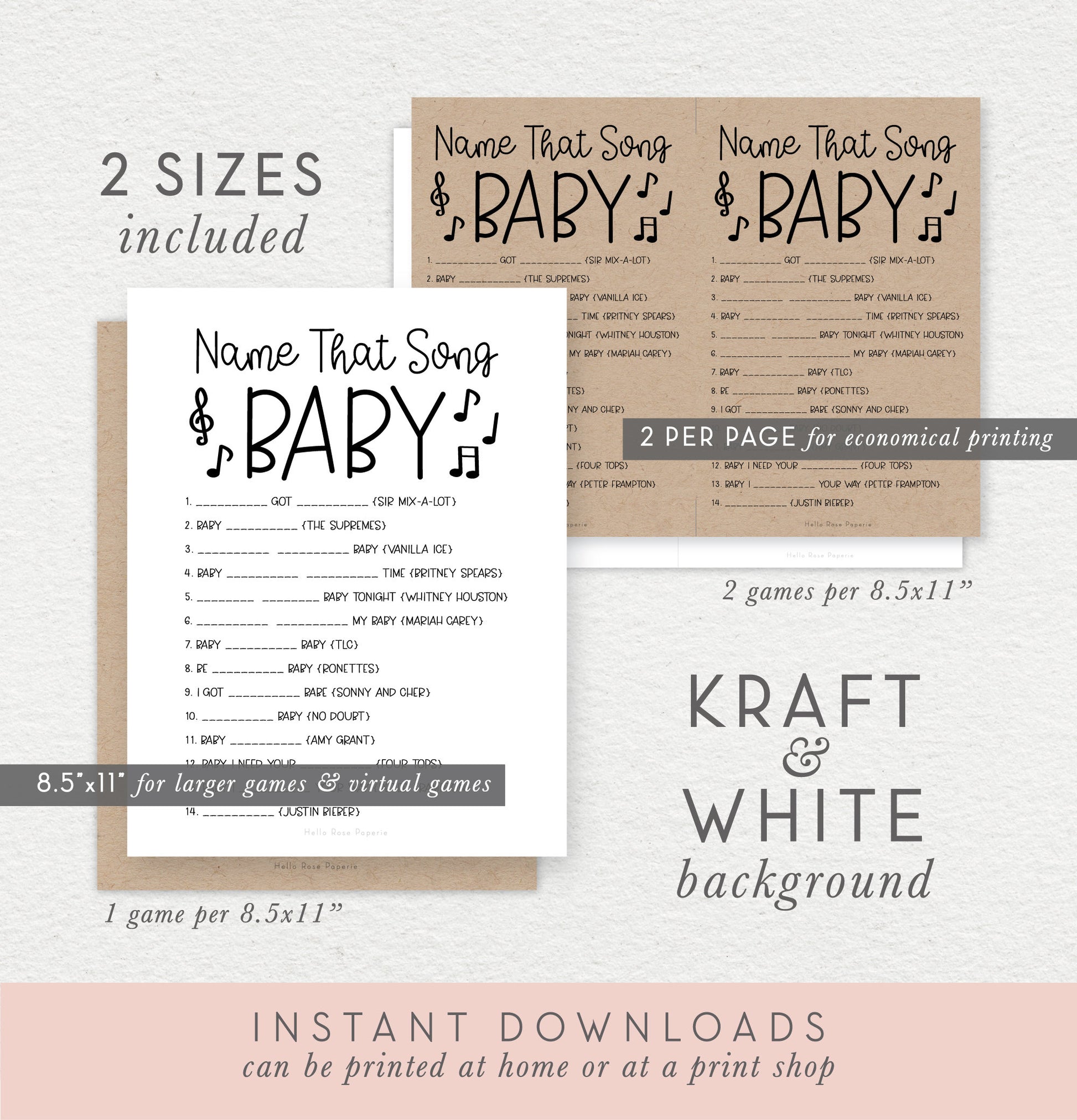 Name That Song Baby Trivia . Printable Baby Shower Game . Boy Girl or Neutral . Kraft + Minimalist Black & White . Instant Download PDF K4