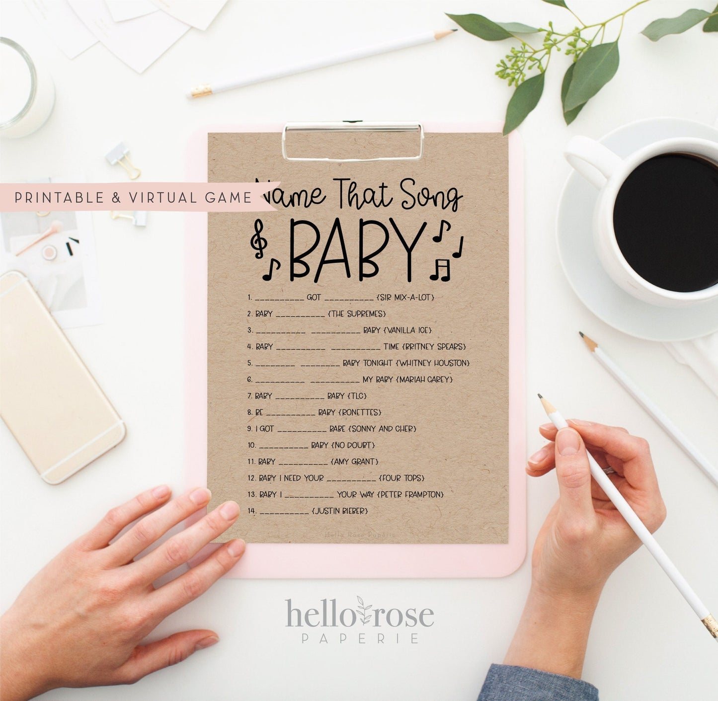 Name That Song Baby Trivia . Printable Baby Shower Game . Boy Girl or Neutral . Kraft + Minimalist Black & White . Instant Download PDF K4