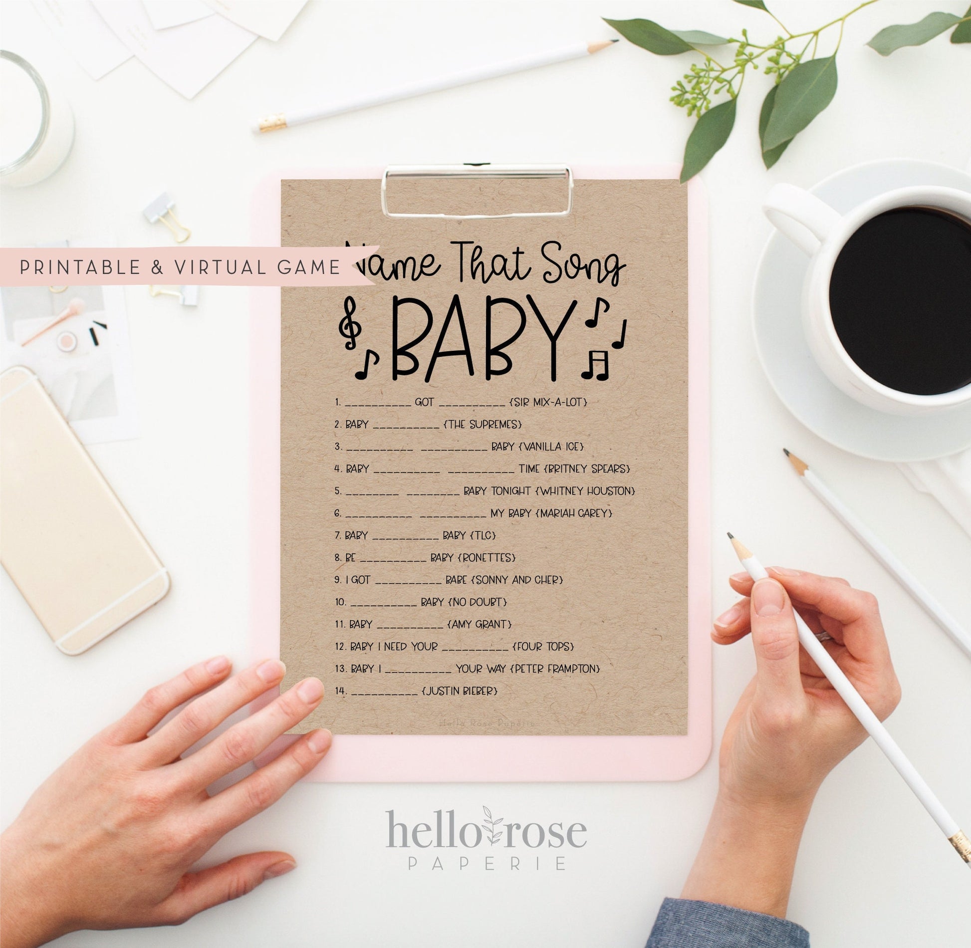 Name That Song Baby Trivia . Printable Baby Shower Game . Boy Girl or Neutral . Kraft + Minimalist Black & White . Instant Download PDF K4