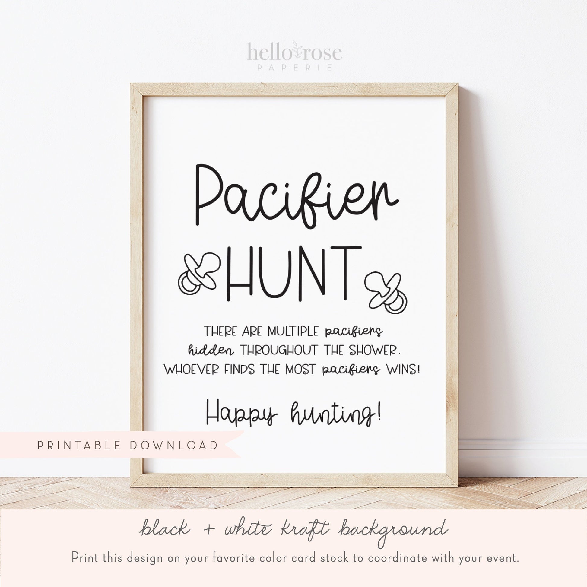Pacifier Hunt Baby Shower Game Sign . Boy Girl Neutral . Kraft + Minimalist Black & White . Printable 8x10 Instant Digital Download . K4