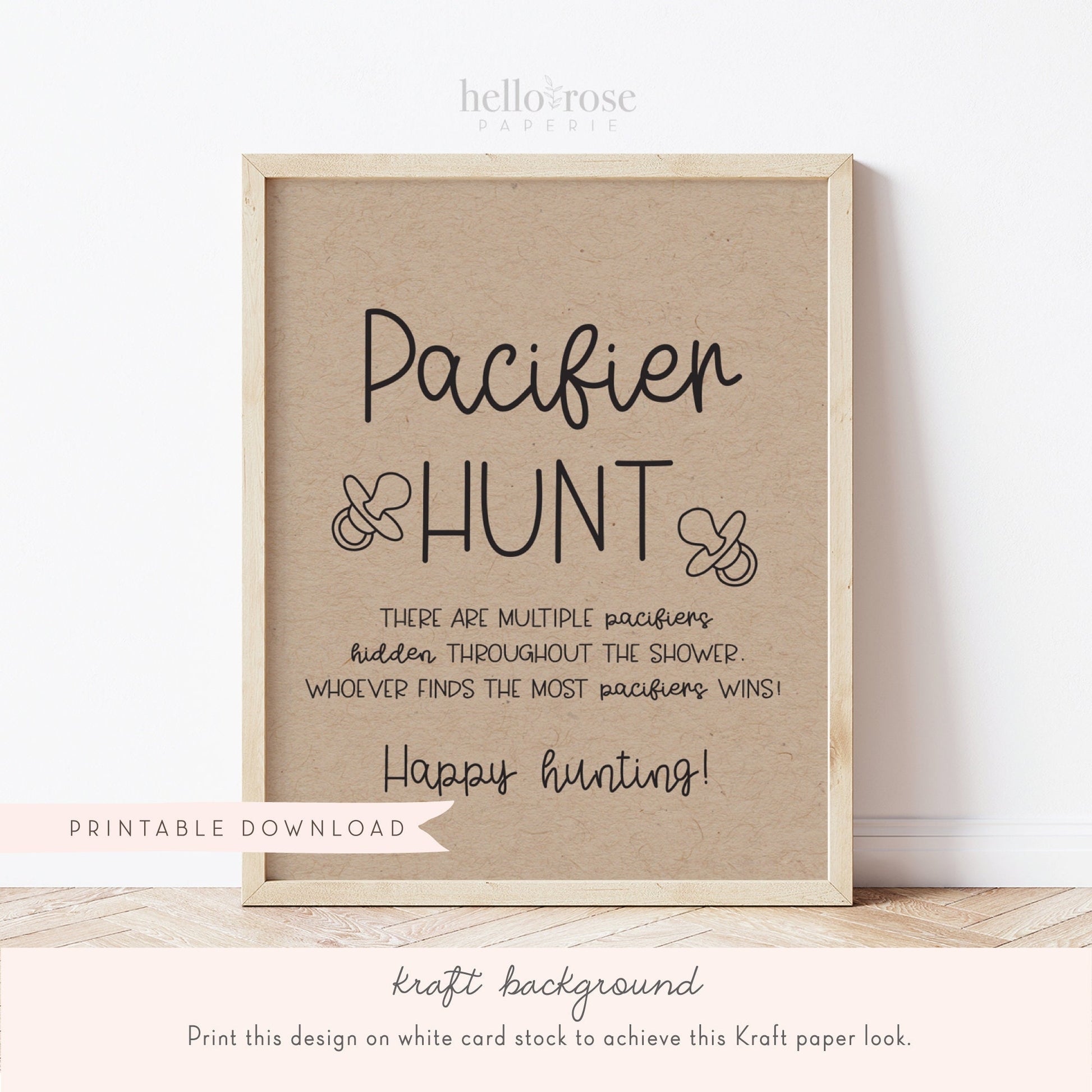 Pacifier Hunt Baby Shower Game Sign . Boy Girl Neutral . Kraft + Minimalist Black & White . Printable 8x10 Instant Digital Download . K4