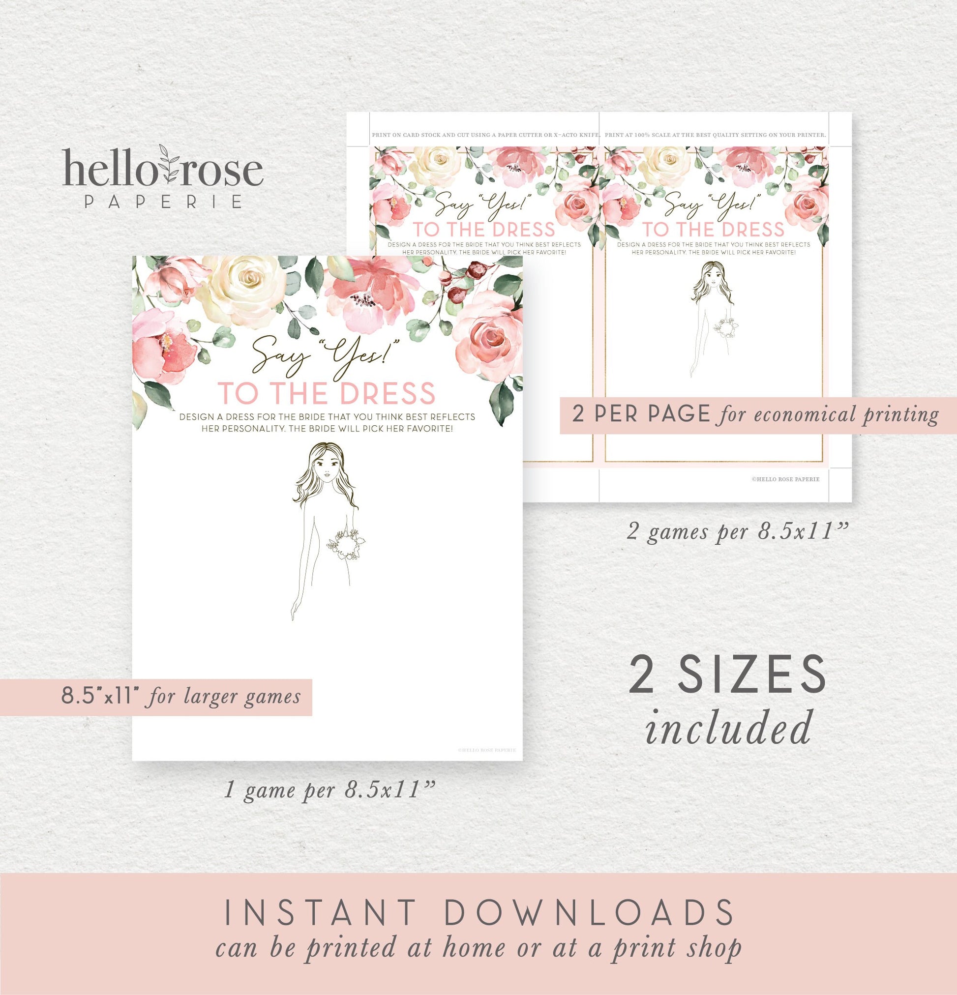 Say Yes to the Dress Pink Floral Bridal Shower Game . Bachelorette Hens Party . Blush Pink Roses Eucalyptus Greenery . Instant Download