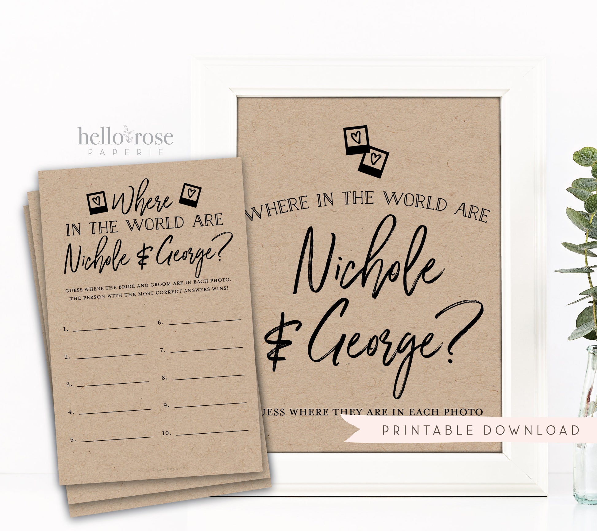 Where in the World Are They Game Sign + Cards . Bride and Groom Photo Game . Bridal Shower . Kraft + Black White . Download Printable