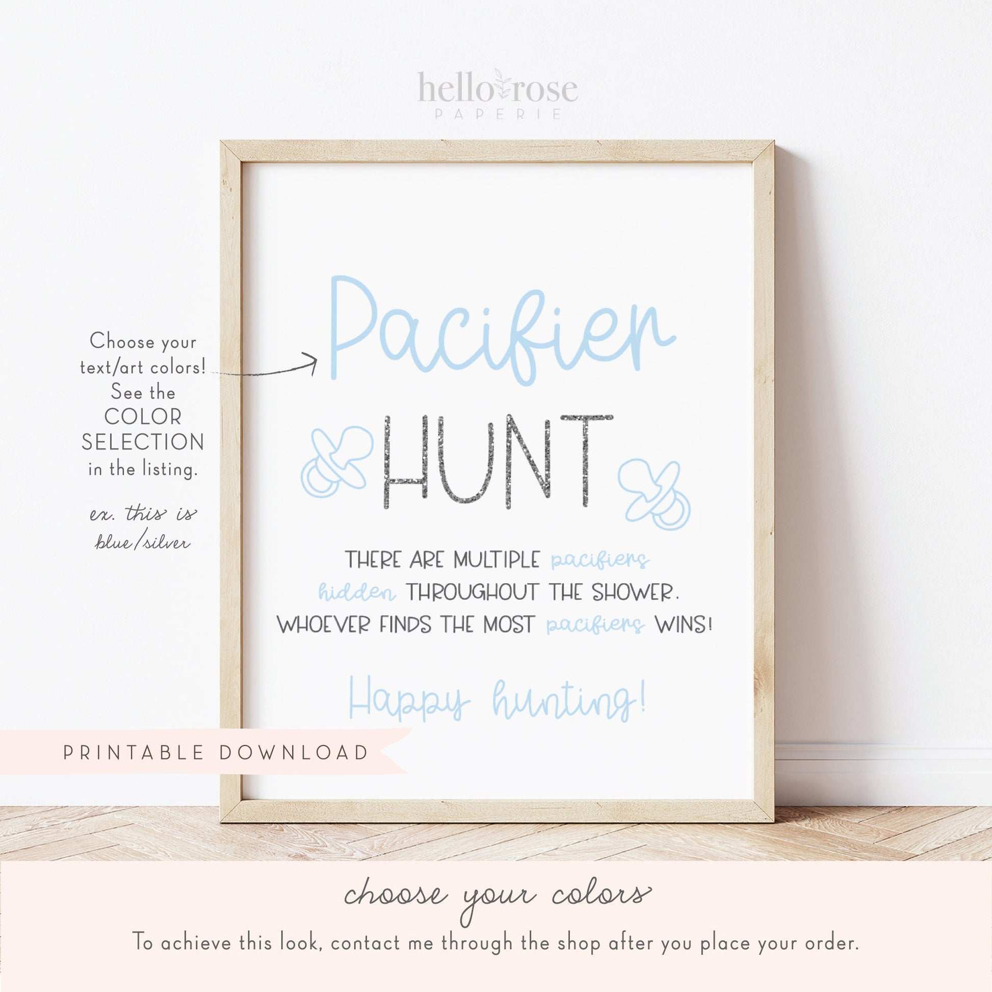 Pacifier Hunt Baby Shower Game Table Sign . Pink and Rose Gold . Girl Baby Shower Game . Printable 8x10 Instant Digital Download . K4