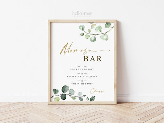 MOMosa Bar Sign Printable . Greenery and Gold . Baby Shower Bubbly Mimosa Bar Sign . Instant Download 8x10 G2