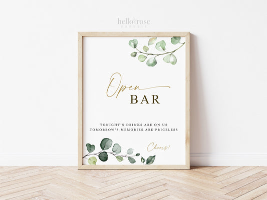 Open Bar Sign Printable . Greenery and Gold . Wedding Cocktails Bar . Engagement Bridal Shower Rehearsal Dinner Bachelorette Hens Party . G2