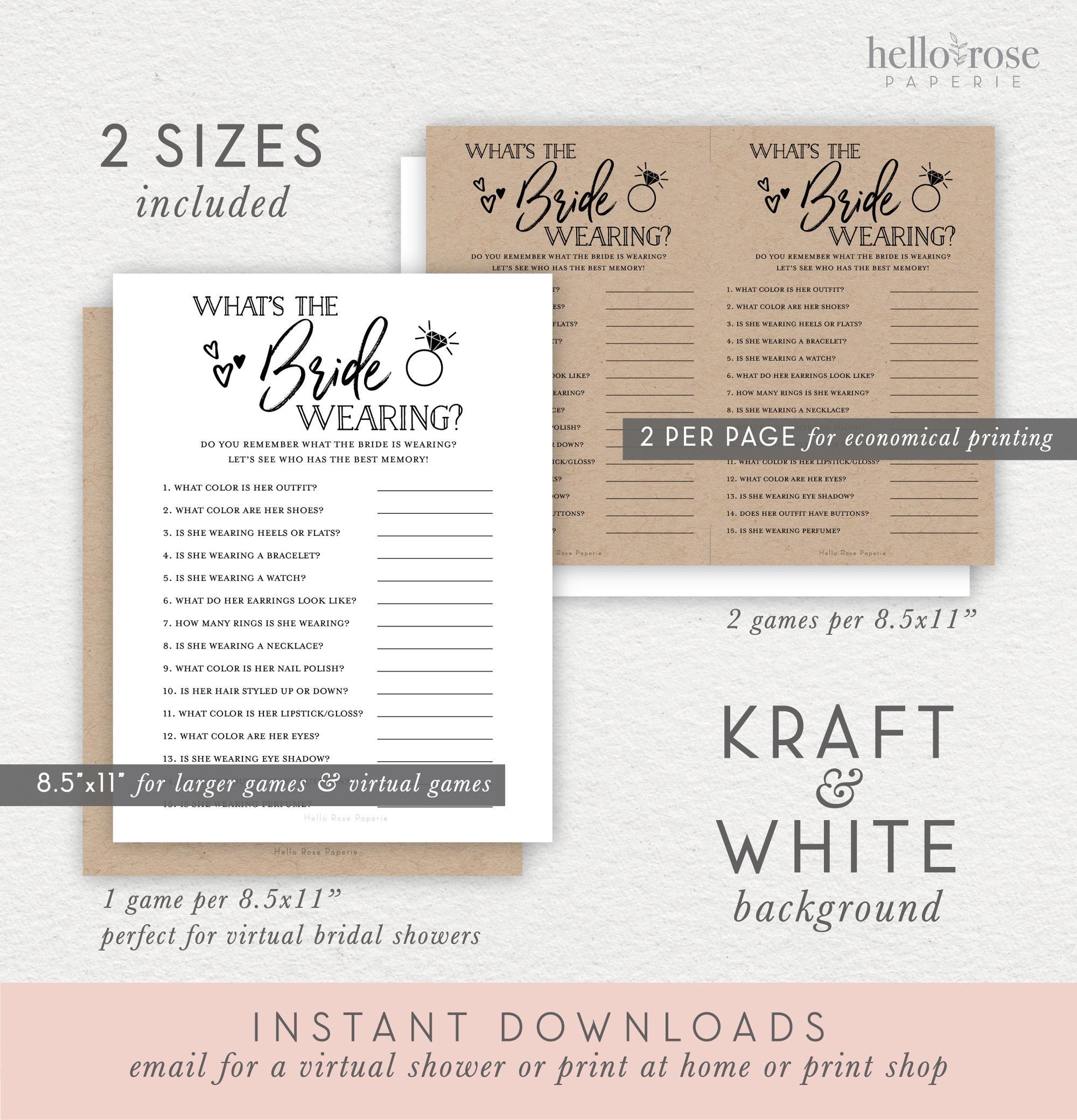 What is the Bride Wearing and Printable Bridal Shower Memory Game . Fun Icebreaker Game . Kraft and White . Instant Digital Download