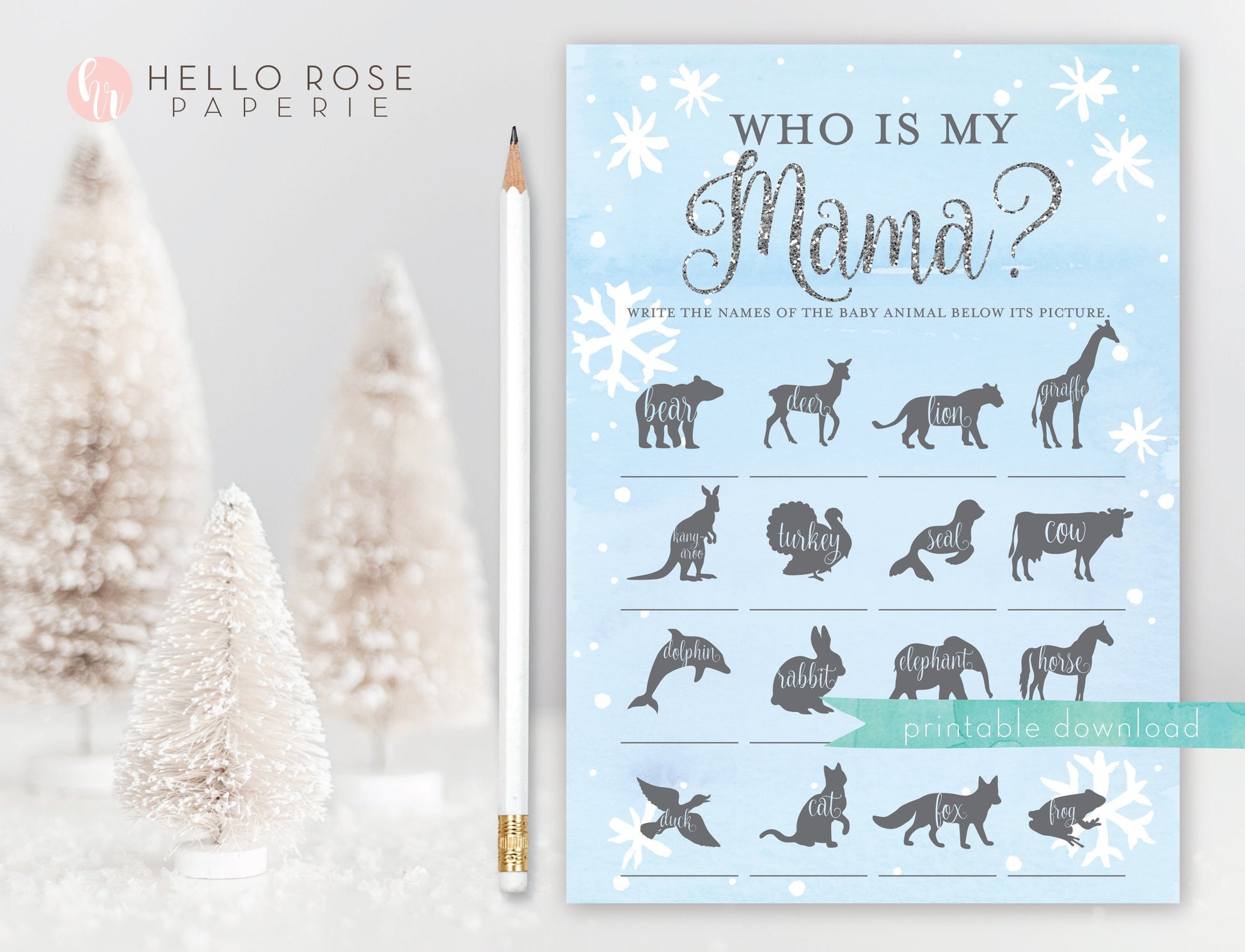 Who is My Mama . Guess My Mommy Baby Shower Game . Baby It's Cold Outside Boy . Blue Silver . Winter Snowflakes . Printable Instant Download