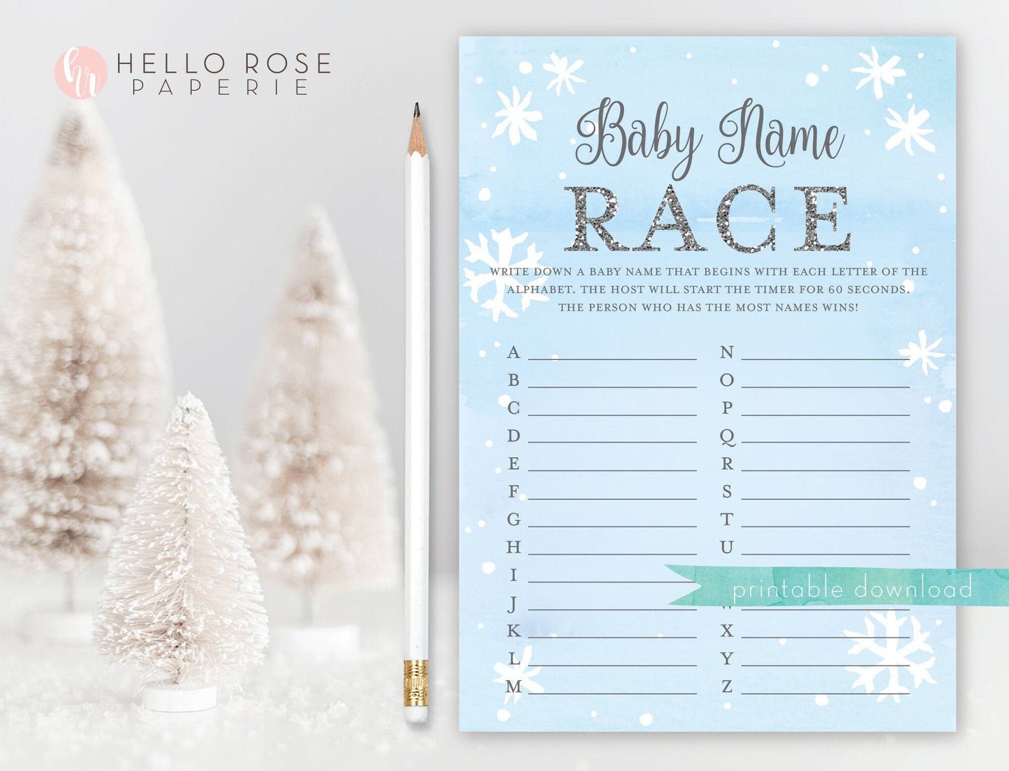 Baby Name Race Baby Shower Game . Baby Name Game . Baby It's Cold Outside Boy . Winter Snowflakes Blue Silver . Printable Instant Download