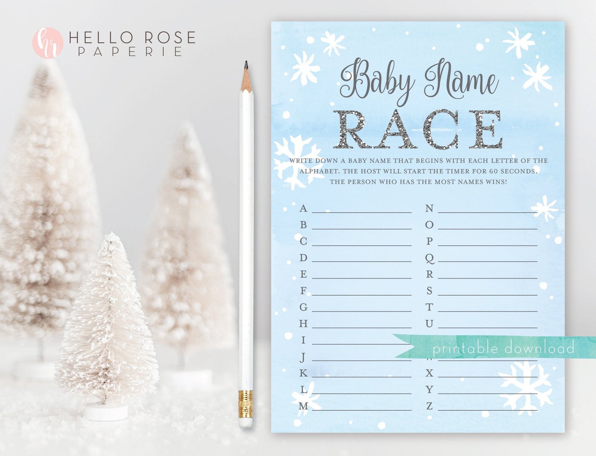 Baby Name Race Baby Shower Game . Baby Name Game . Baby It's Cold Outside Boy . Winter Snowflakes Blue Silver . Printable Instant Download