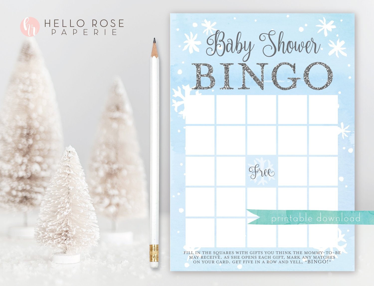 Baby Shower Bingo Card Printable . Winter Boy Baby Shower Game . Baby its Cold Outside Snowflakes . Blue and Silver . Printable Download