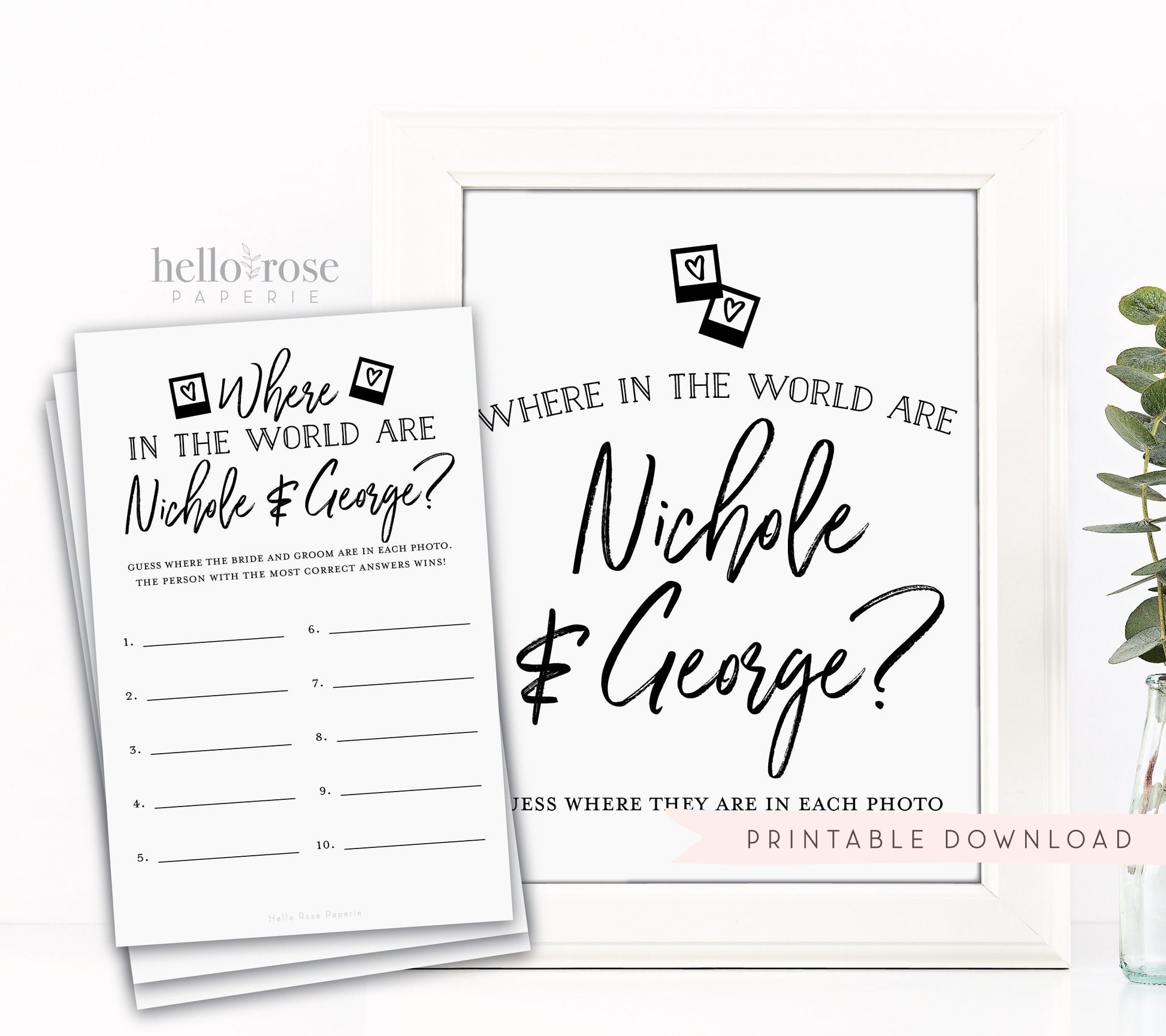 Where in the World Are They Game Sign + Cards . Bride and Groom Photo Game . Bridal Shower . Kraft + Black White . Download Printable