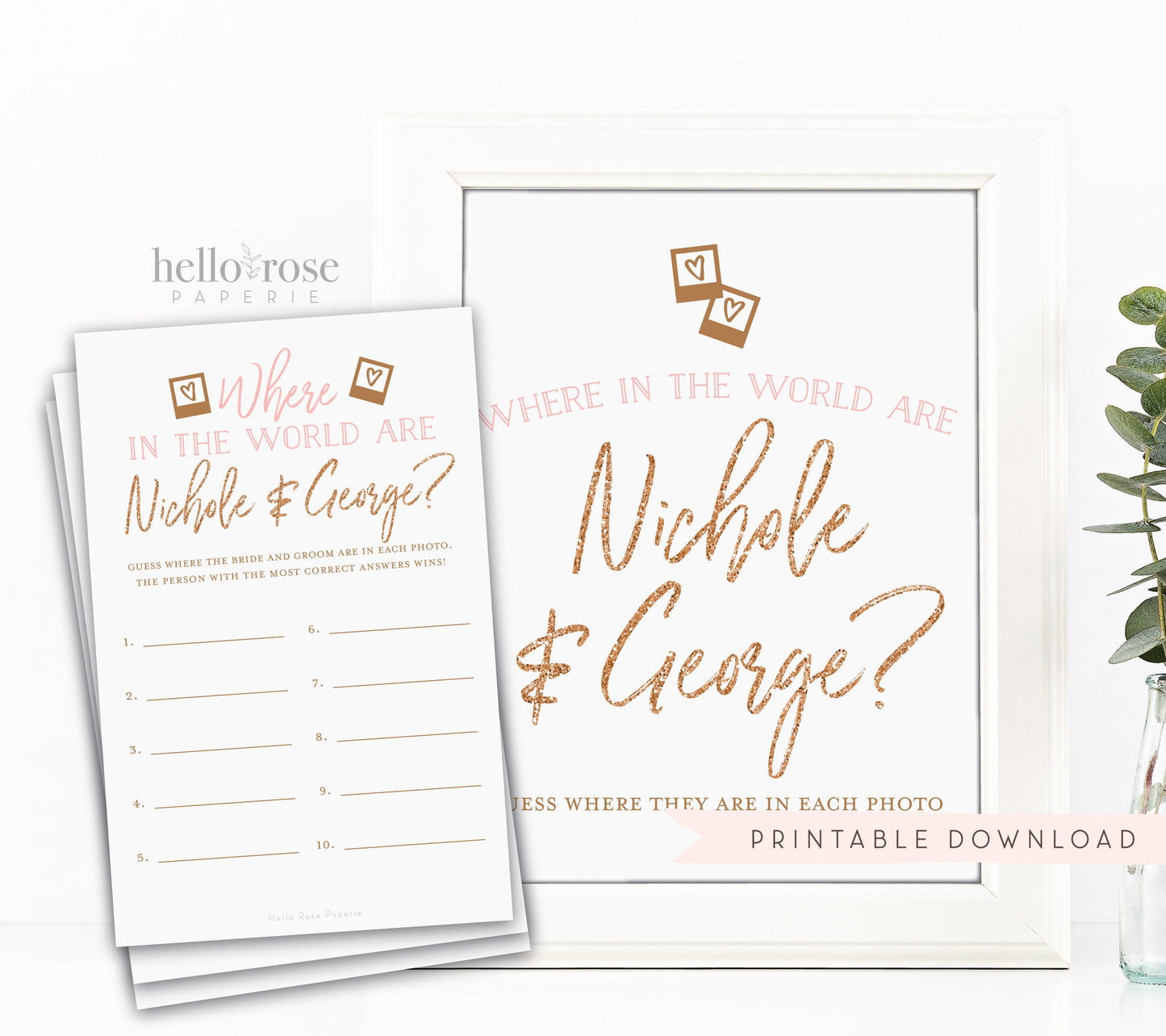 Where in the World Are They Game Sign + Cards . Bride and Groom Photo Game . Bridal Shower . Kraft + Black White . Download Printable