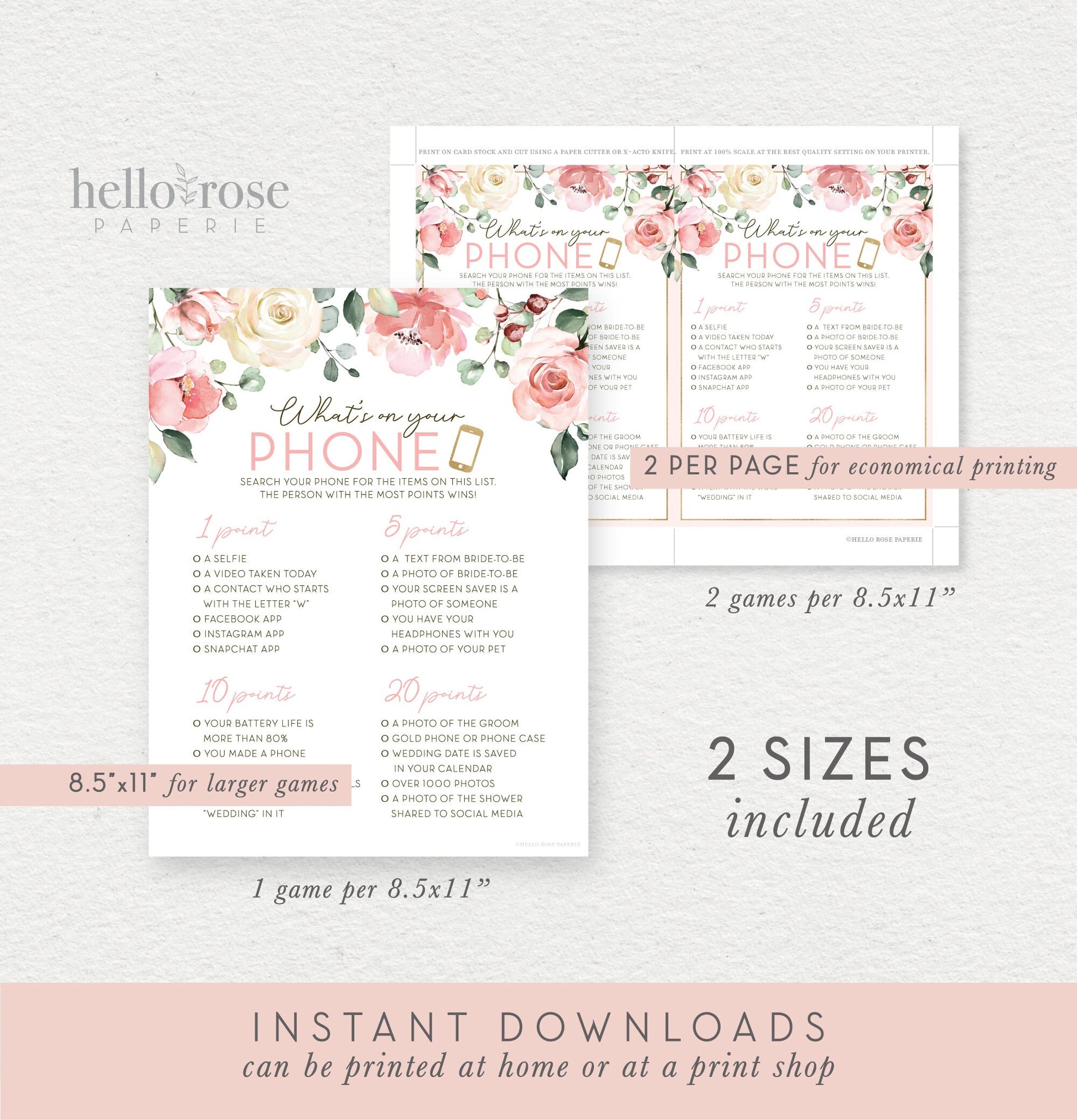 Whats on Your Phone Floral Bridal Shower Printable Game . Bachelorette Hens Party . Blush Pink Roses Eucalyptus Greenery . Instant Download