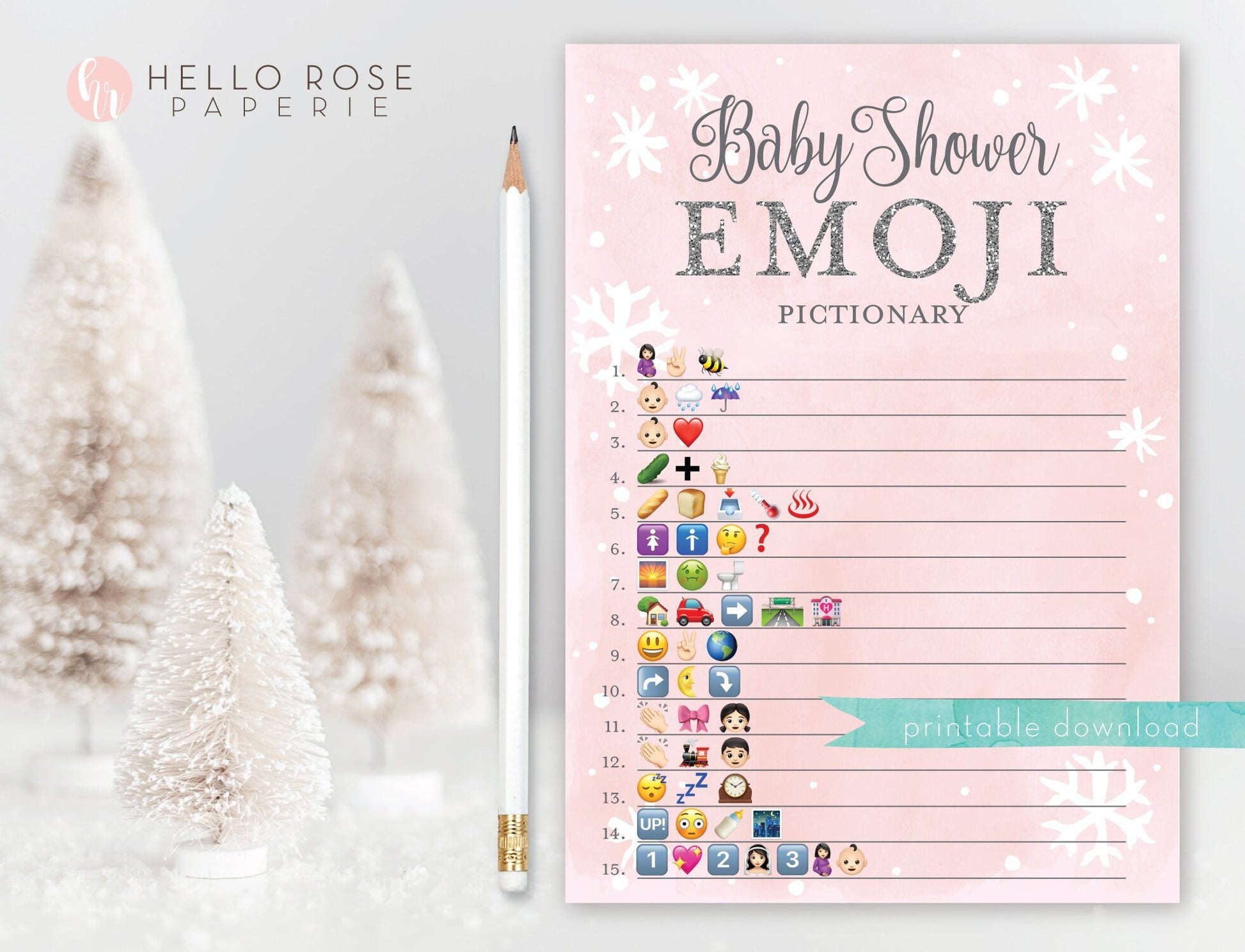 Baby Shower Emoji Pictionary Game . Baby It's Cold Outside Girl . Pink and Silver . Winter Snowflakes . Printable Instant Download