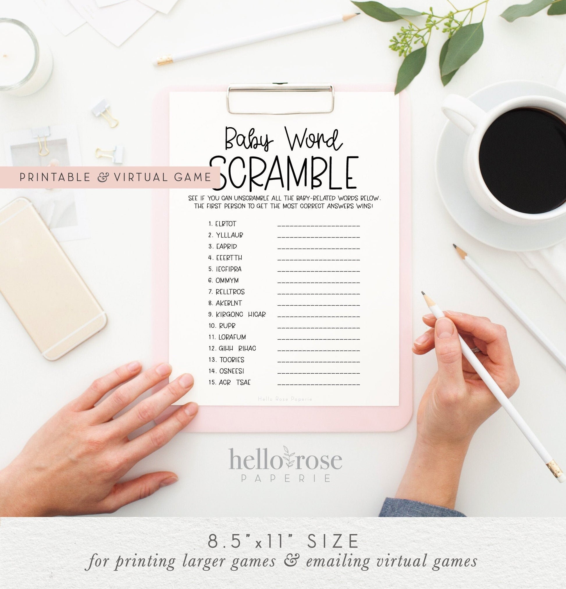 Baby Word Scramble Baby Shower Printable Game . Boy or Girl . Kraft + Minimalist Black and White . Instant Digital Download PDF K4