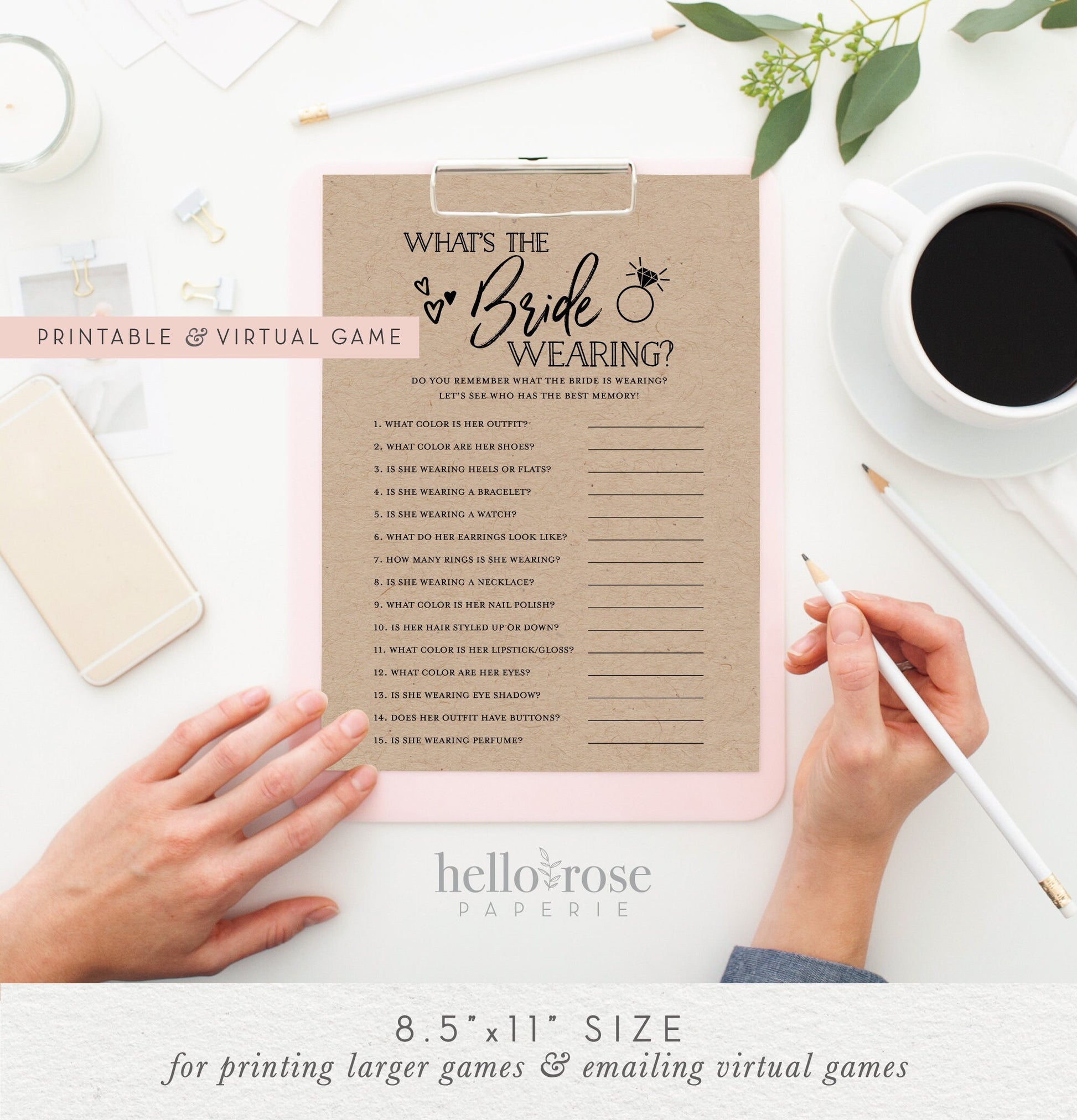 What is the Bride Wearing and Printable Bridal Shower Memory Game . Fun Icebreaker Game . Kraft and White . Instant Digital Download