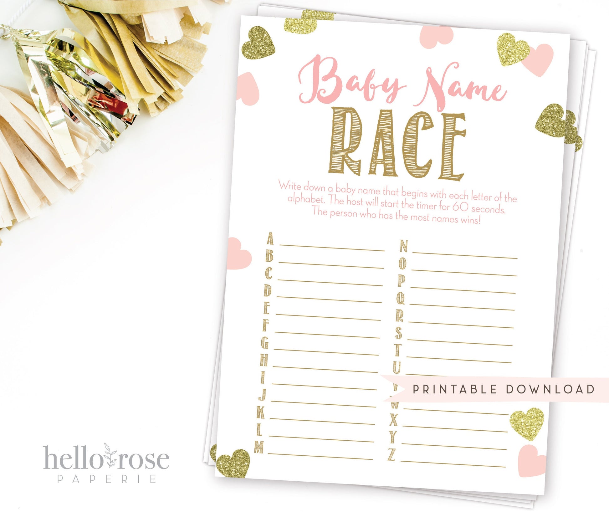 Baby Name Race Game . Pink and Gold Hearts . Printable Girl Baby Shower Game . Fun Game for Groups . Instant Digital Download