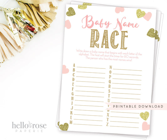 Baby Name Race Game . Pink and Gold Hearts . Printable Girl Baby Shower Game . Fun Game for Groups . Instant Digital Download