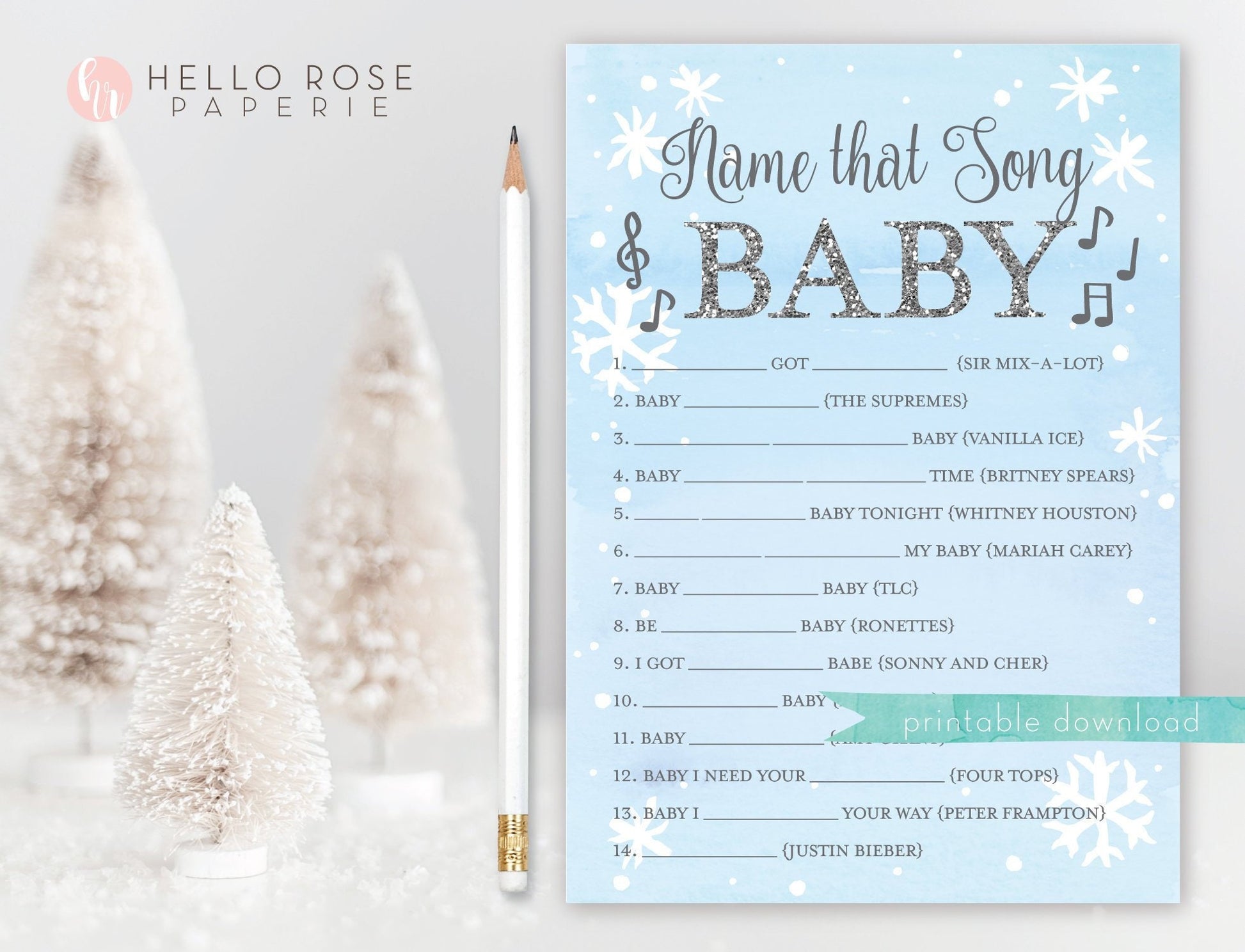 Name That Song Baby Shower Game . Baby It's Cold Outside Boy . Winter Snowflakes Blue and Silver . Printable or Virtual Instant Download
