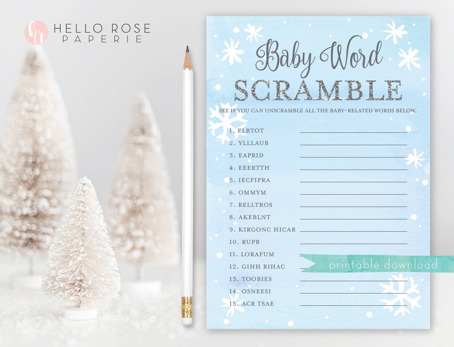 Baby Word Scramble Printable Baby Shower Game . Baby It's Cold Outside Boy . Winter Snowflakes Blue and Silver . Printable Instant Download