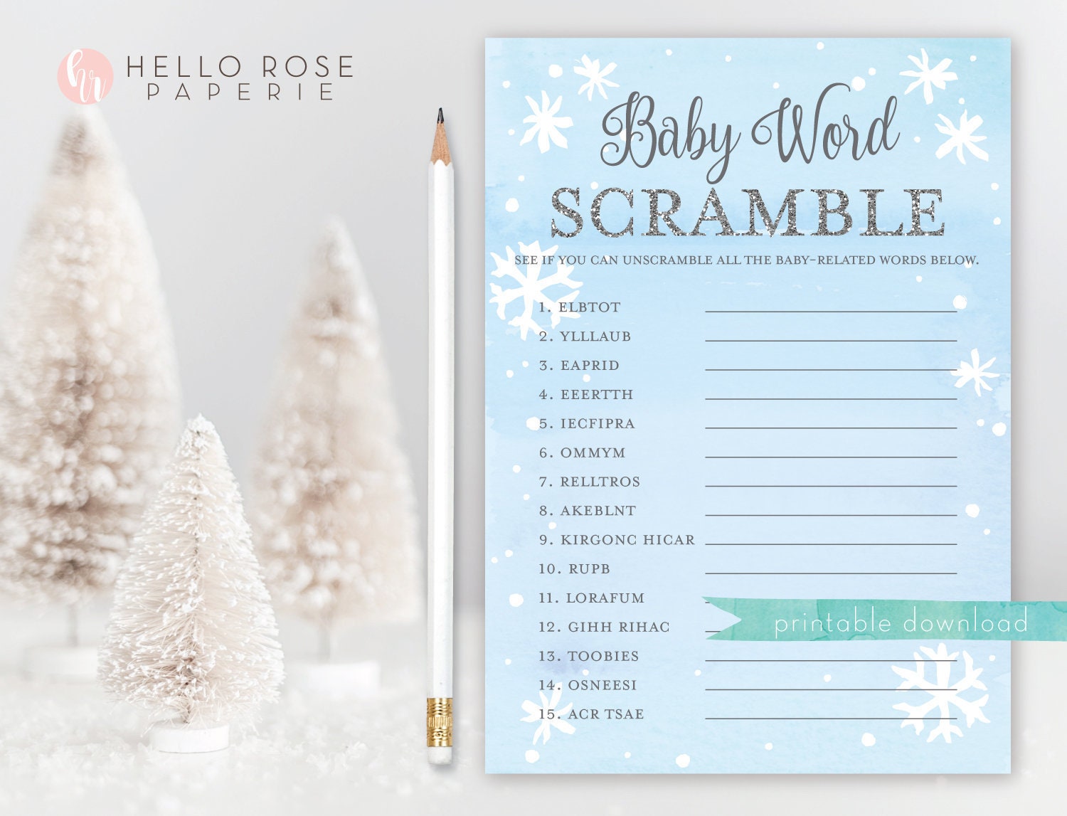 Baby Word Scramble Printable Baby Shower Game . Baby It's Cold Outside Boy . Winter Snowflakes Blue and Silver . Printable Instant Download
