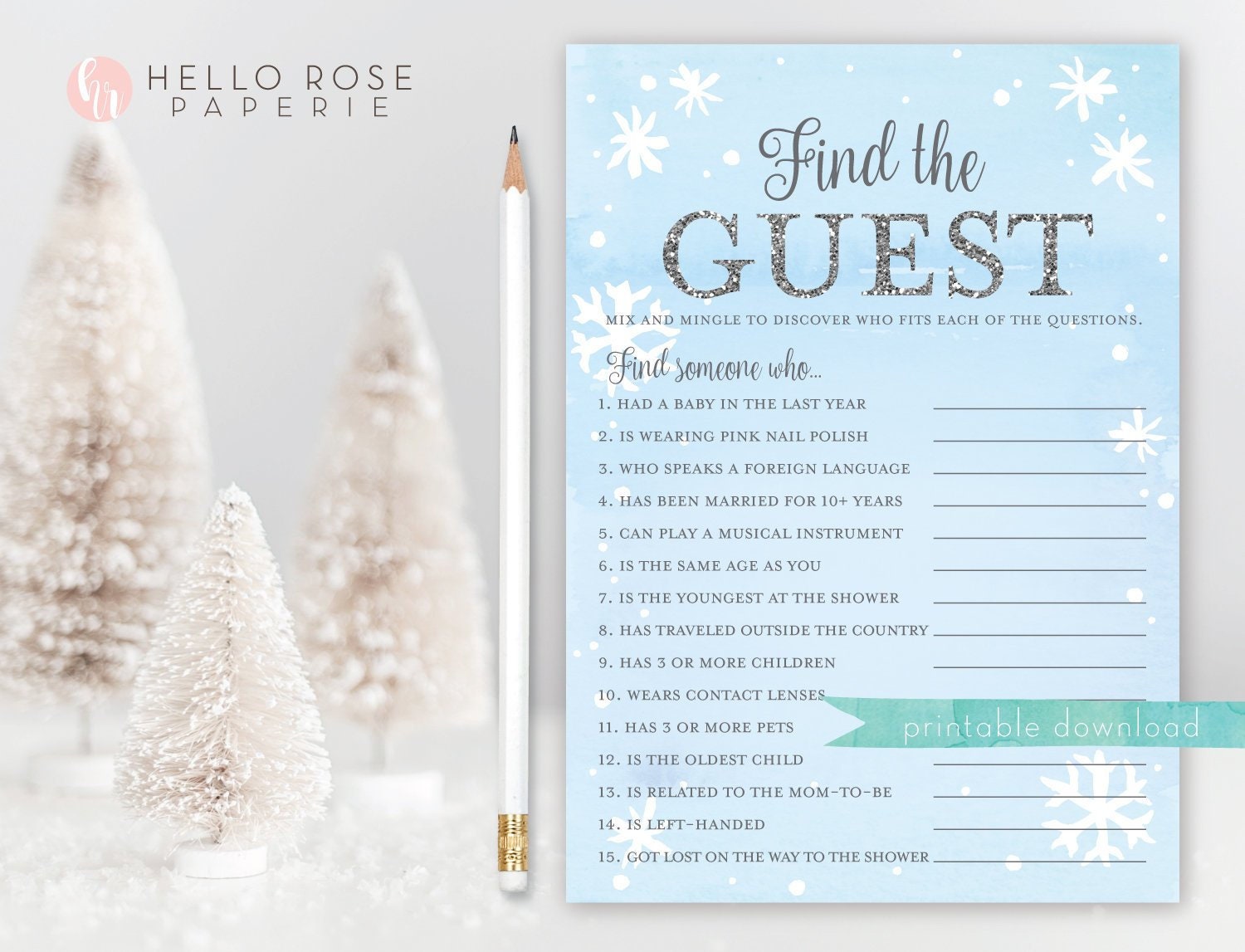 Find the Guest . Icebreaker Baby Shower Game Boy . Blue and Silver . Winter Wonderland Baby it's Cold Outside Snowflakes . Instant Download