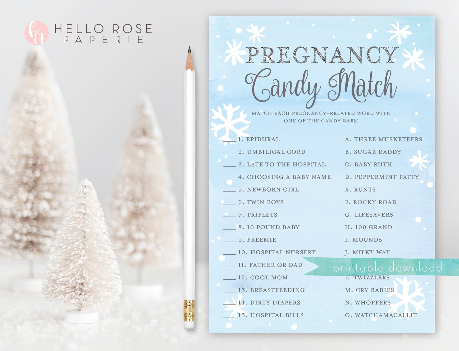 Pregnancy Candy Match . Baby Shower Game . Baby It's Cold Outside Boy . Blue Silver . Winter Snowflakes . Printable Instant Download
