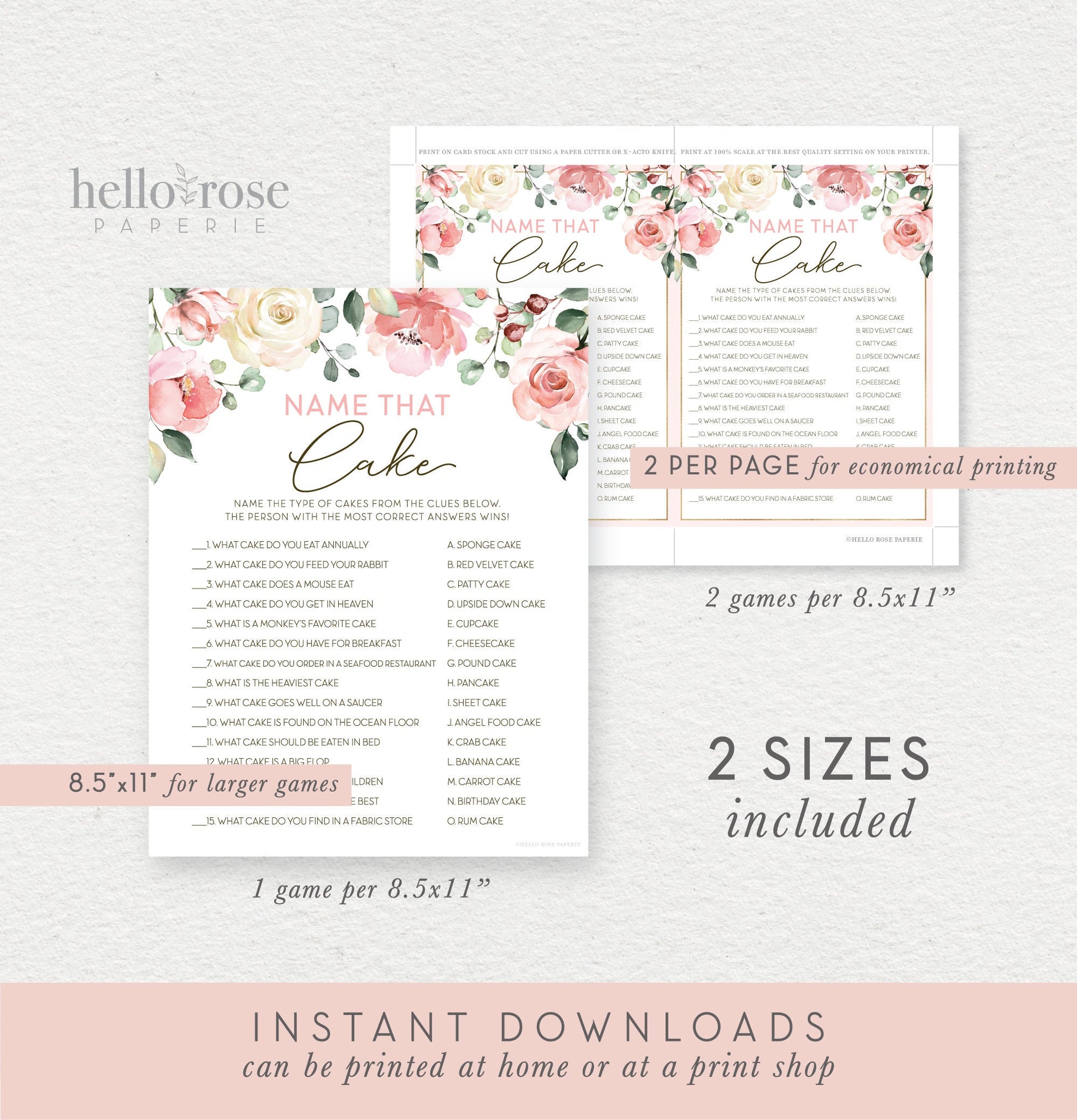 Name That Cake Floral Bridal Shower Game . Printable Icebreaker . Hen Bachelorette Party . Pink Rose Eucalyptus . Instant Download