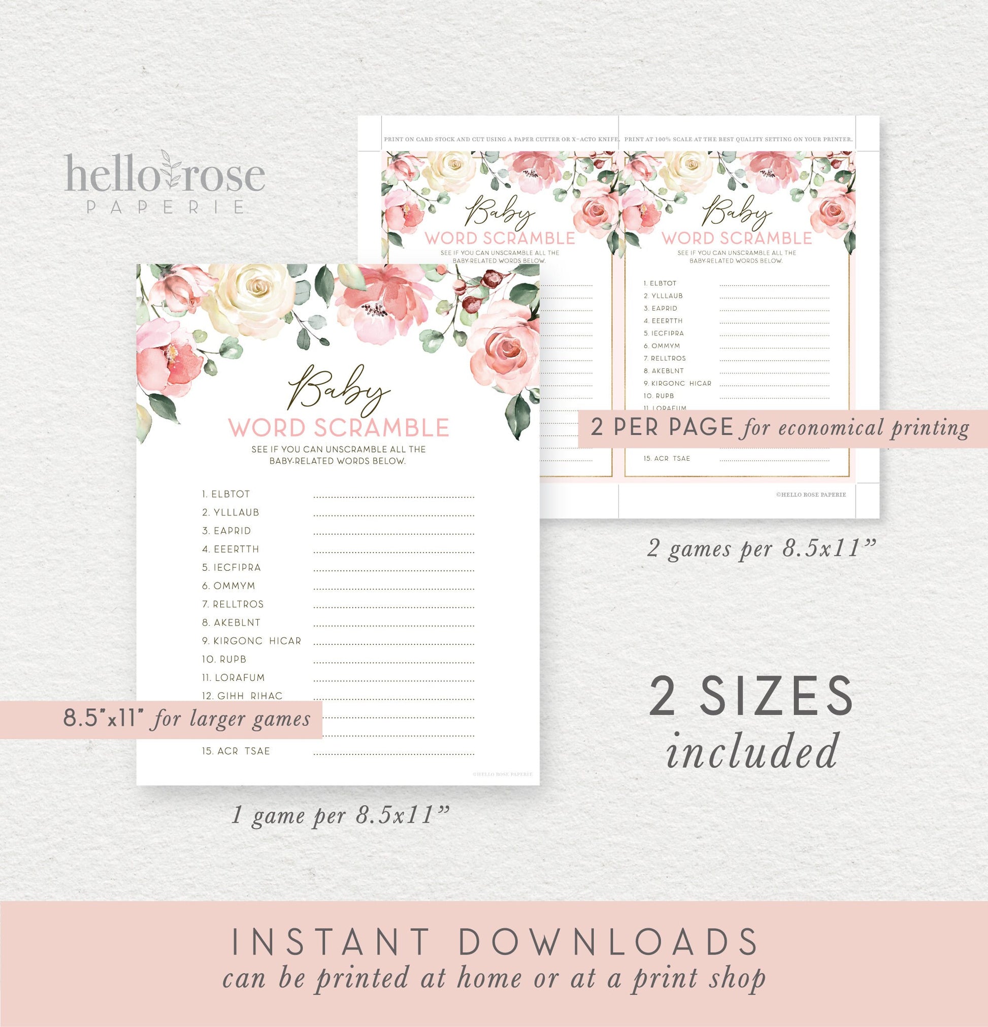 Baby Word Scramble . Baby Shower Game Printable . Floral Watercolor Pink Roses Greenery Eucalyptus . Girl Baby Shower . Instant Download