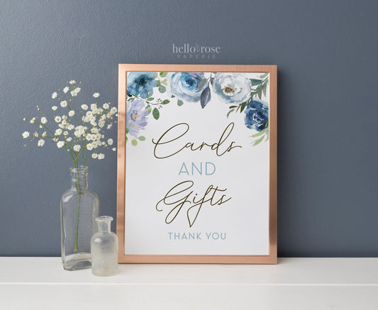 Cards and Gifts Printable Table Sign 8x10 . Blue Floral Watercolor . Baby Bridal Shower Wedding Bachelorette Hens Party . Instant Download