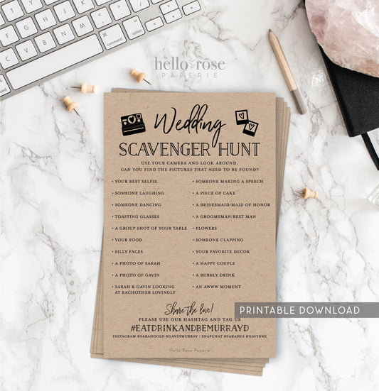 Wedding Scavenger Hunt Personalized Printable Game . I Spy Wedding Reception Photo Game . Kraft + Minimalist Black White . Digital Download