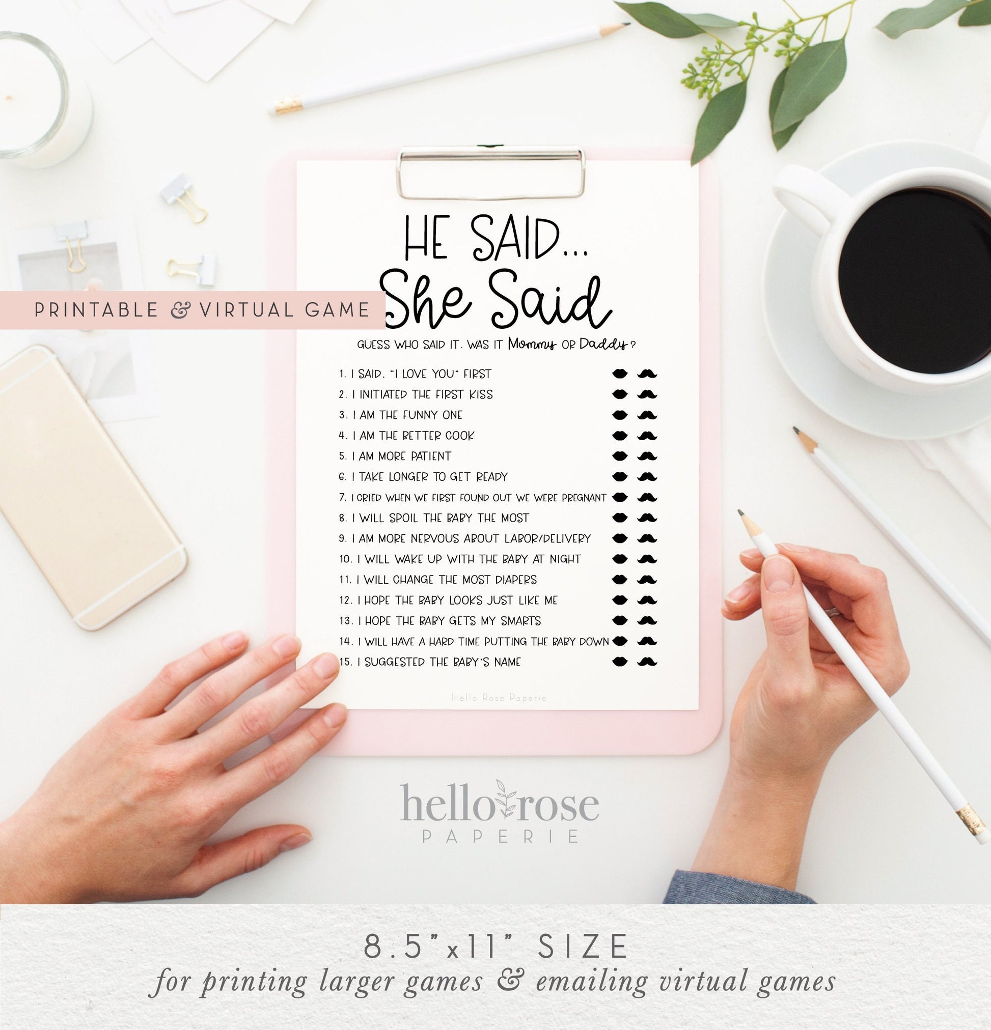 He Said She Said . Guess Who Said it Mommy or Daddy . Baby Shower Virtual and Printable Game . Kraft + Black & White . Instant Download PDF