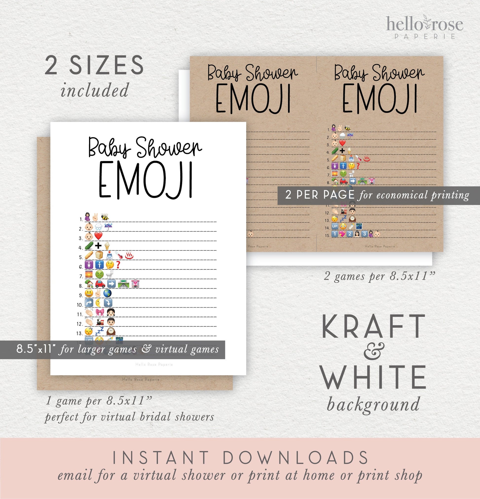 Baby Shower Emoji Pictionary Printable Game . Girl Boy Gender Neutral Baby . Kraft + Minimalist Black and White . Instant Download PDF . K4