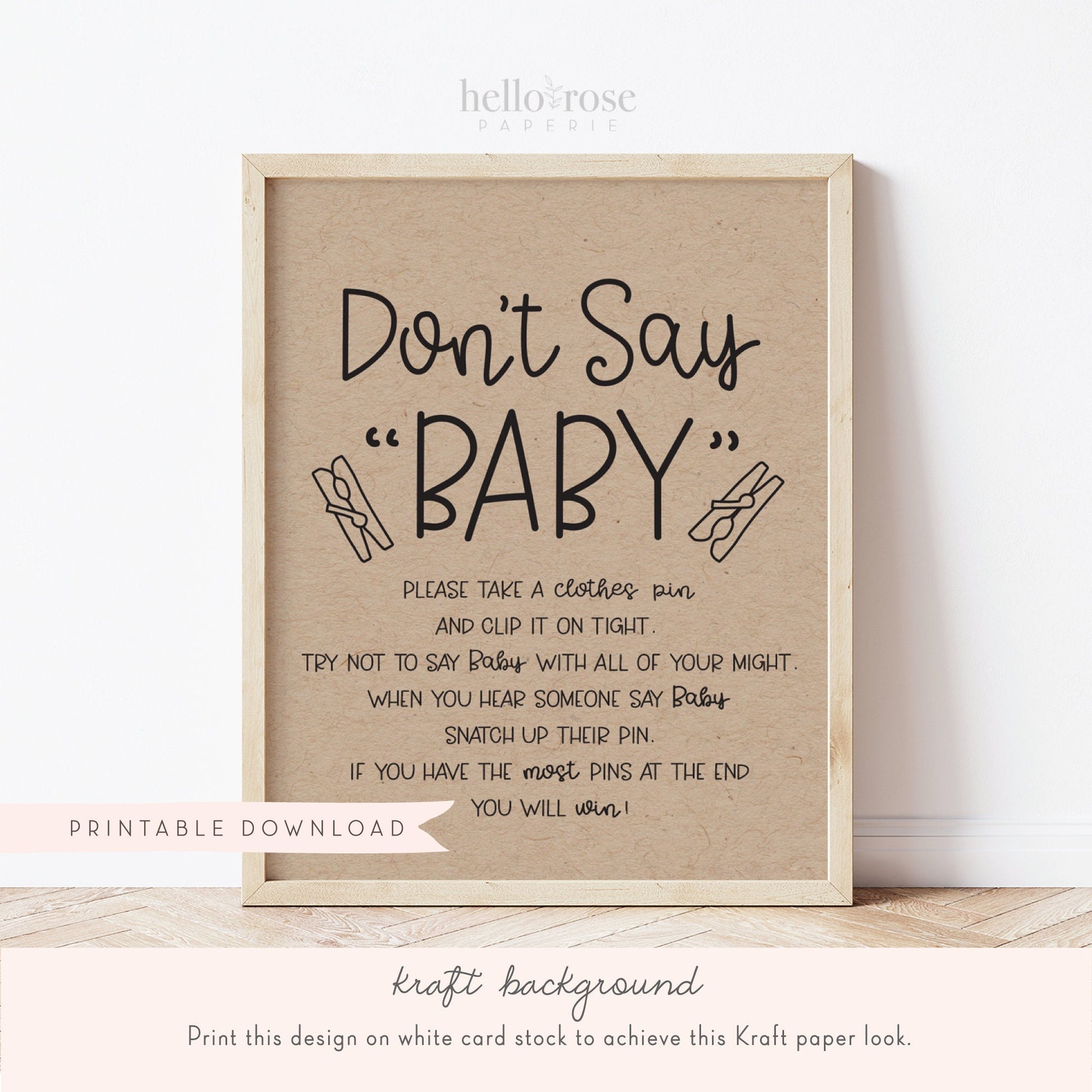 Don't Say Baby Clothespin Baby Shower Game Sign . Boy Girl Neutral . Kraft + Minimalist Black and White . Printable Instant Download . K4