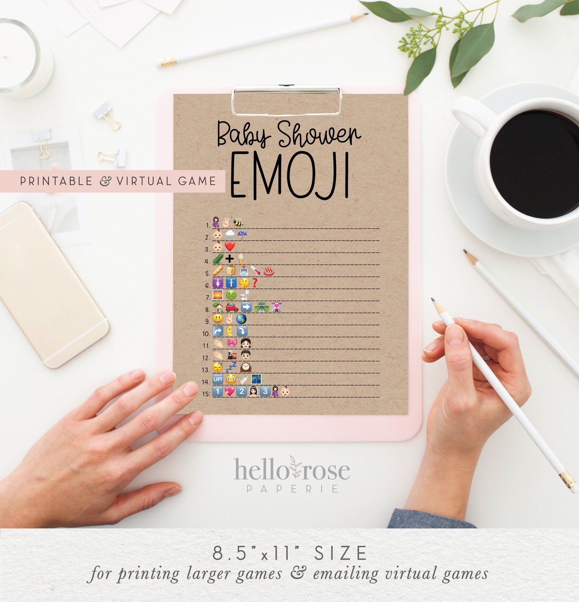 Baby Shower Emoji Pictionary Printable Game . Girl Boy Gender Neutral Baby . Kraft + Minimalist Black and White . Instant Download PDF . K4