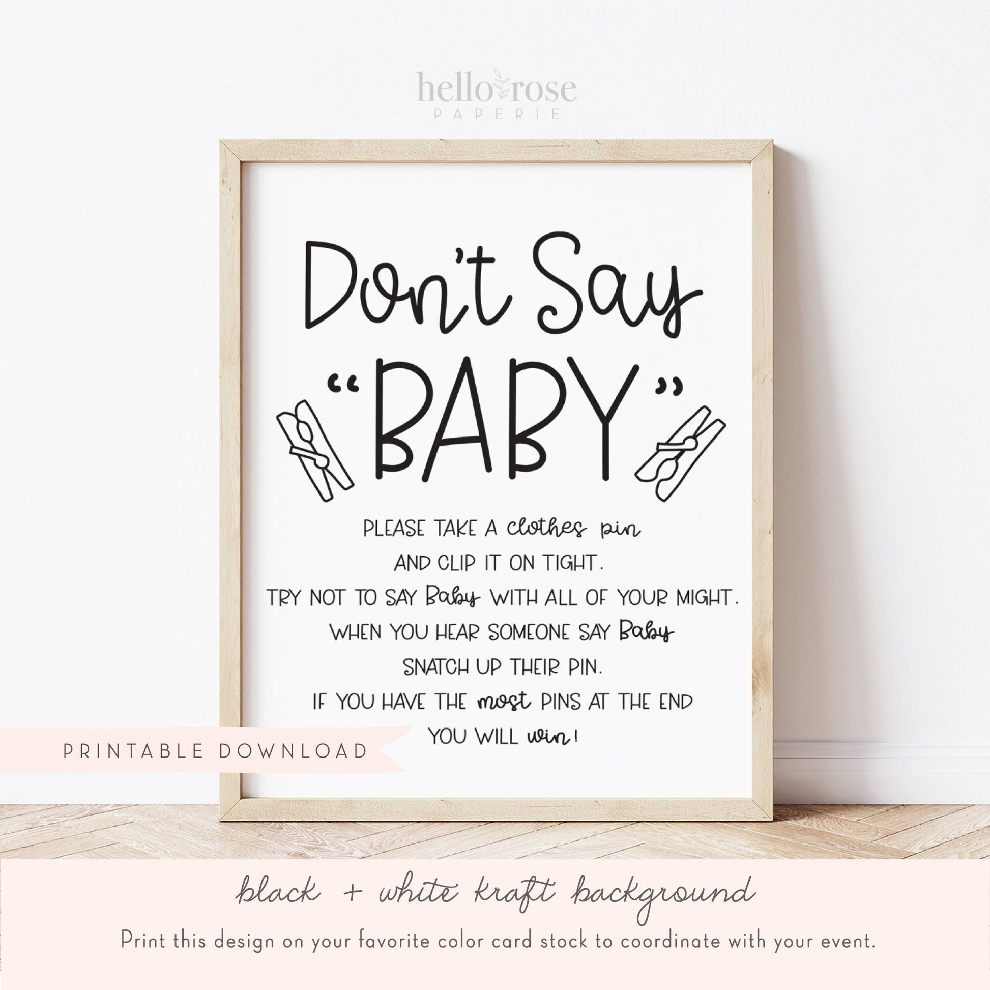 Don't Say Baby Clothespin Baby Shower Game Sign . Boy Girl Neutral . Kraft + Minimalist Black and White . Printable Instant Download . K4