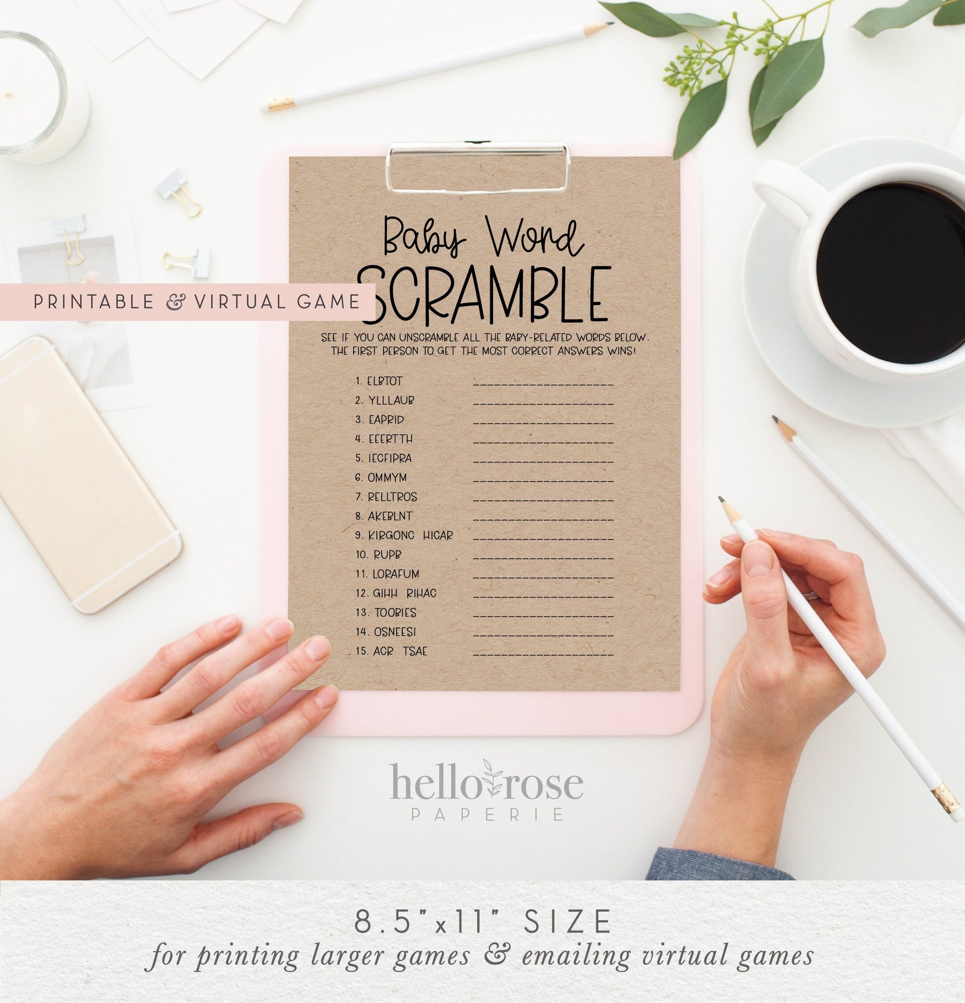 Baby Shower Games Bundle . 8 Printable and Virtual Game Pack . 2 Sizes . Kraft + Black & White . Rustic Boho Boy Girl . Instant Download K4