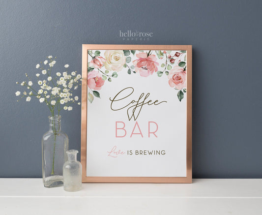 Coffee Bar Love is Brewing Printable Table Sign . Floral Watercolor . Baby Bridal Shower Wedding Bachelorette Hens Party . Instant Download