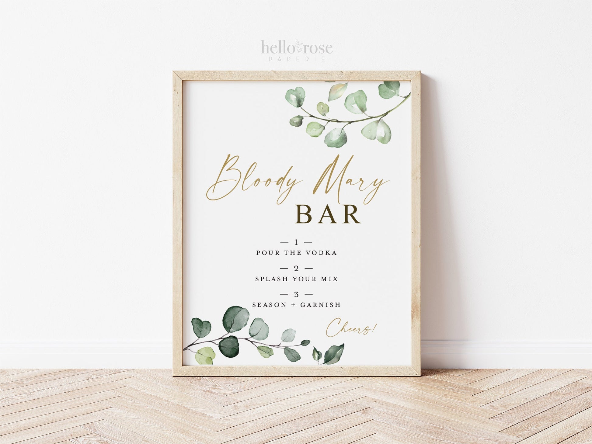 Bloody Mary Bar Sign Printable . Greenery and Gold . Wedding Engagement Bridal Shower Bachelorette Hens Party Birthday . Download 8x10 G2