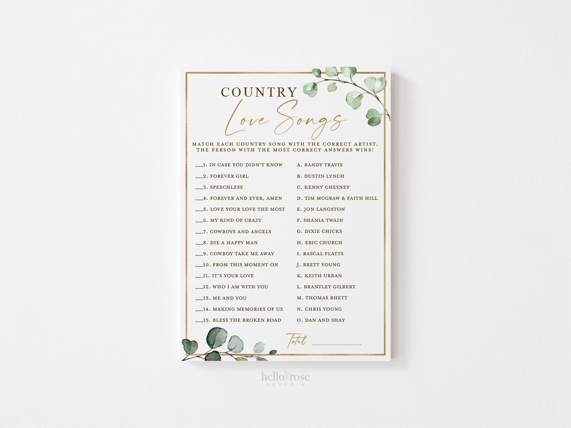 Country Love Songs Bridal Shower Trivia Game . Greenery and Gold . Printable Icebreaker . Hens Bachelorette Party . Instant Download G2